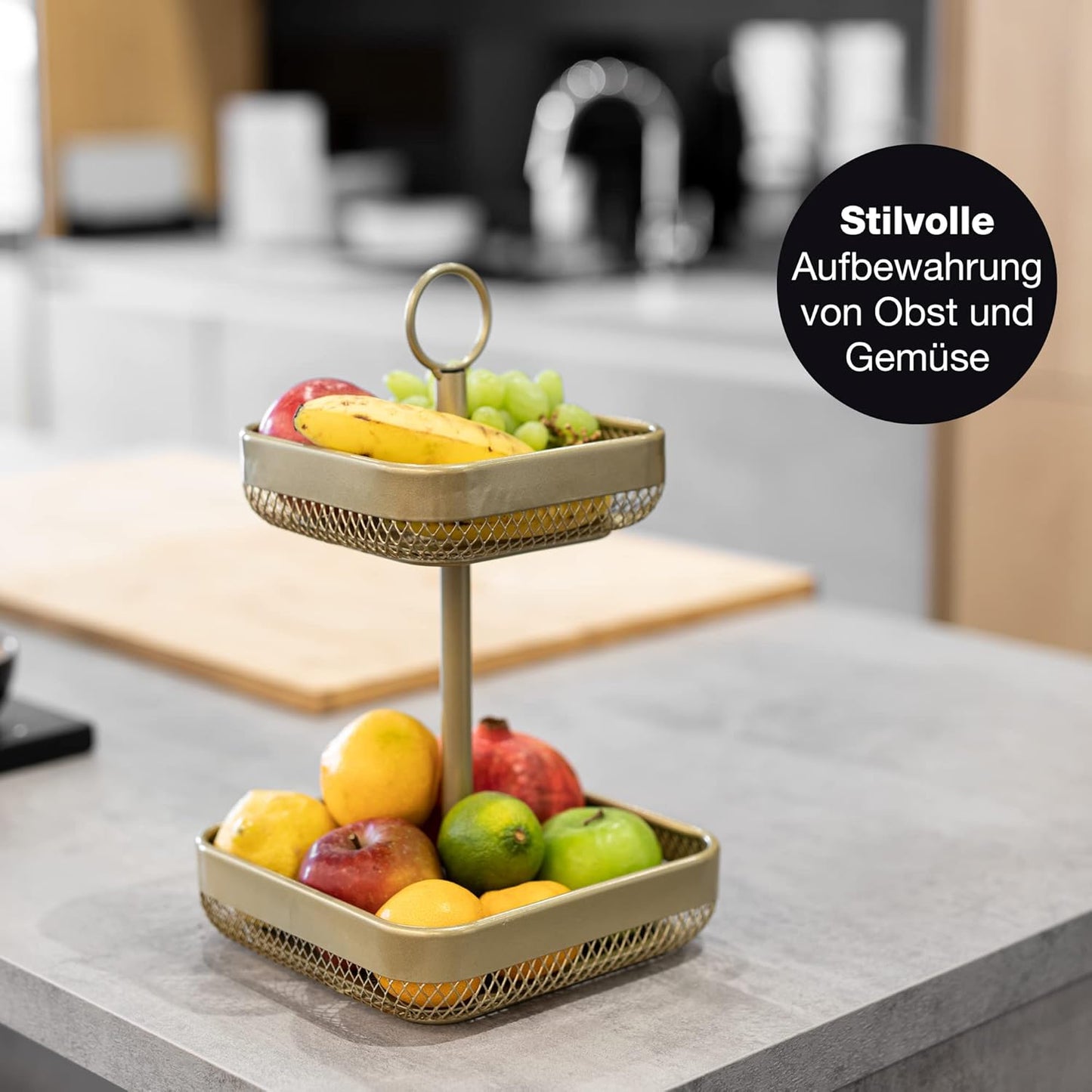 Moderne Obst-Etagere, Gold Eckig