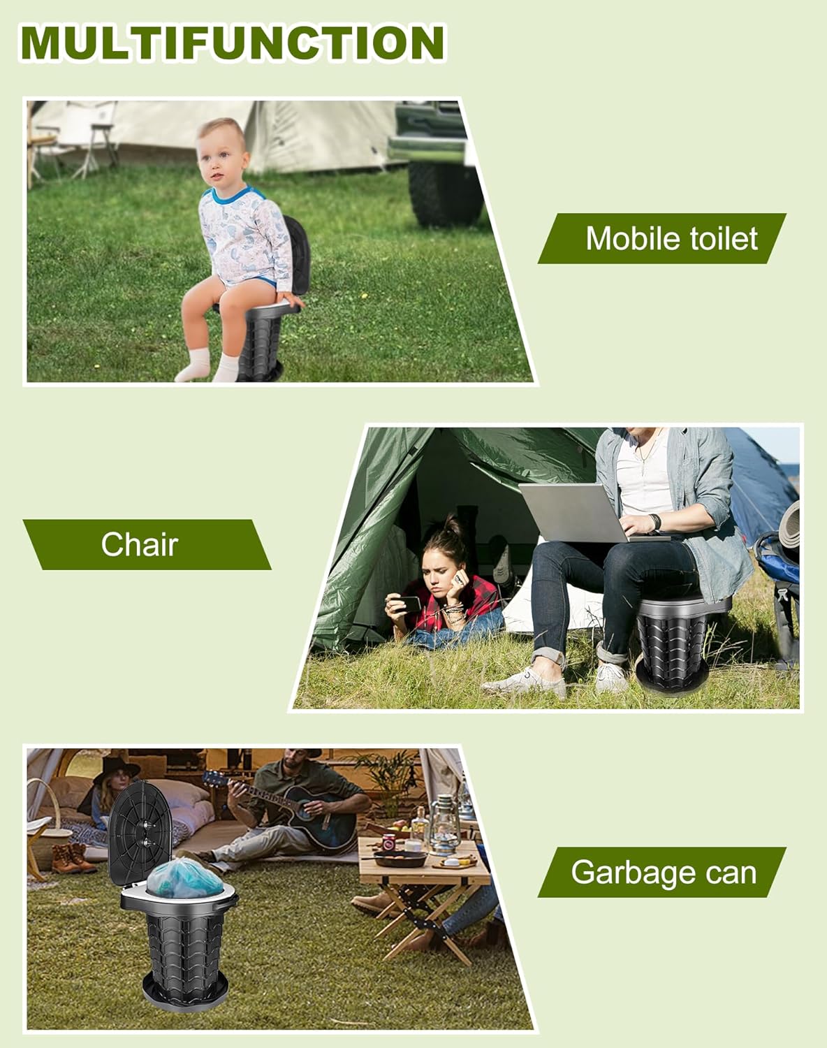 Faltbare Campingtoilette mit Toilettenbeutel, Schwarz