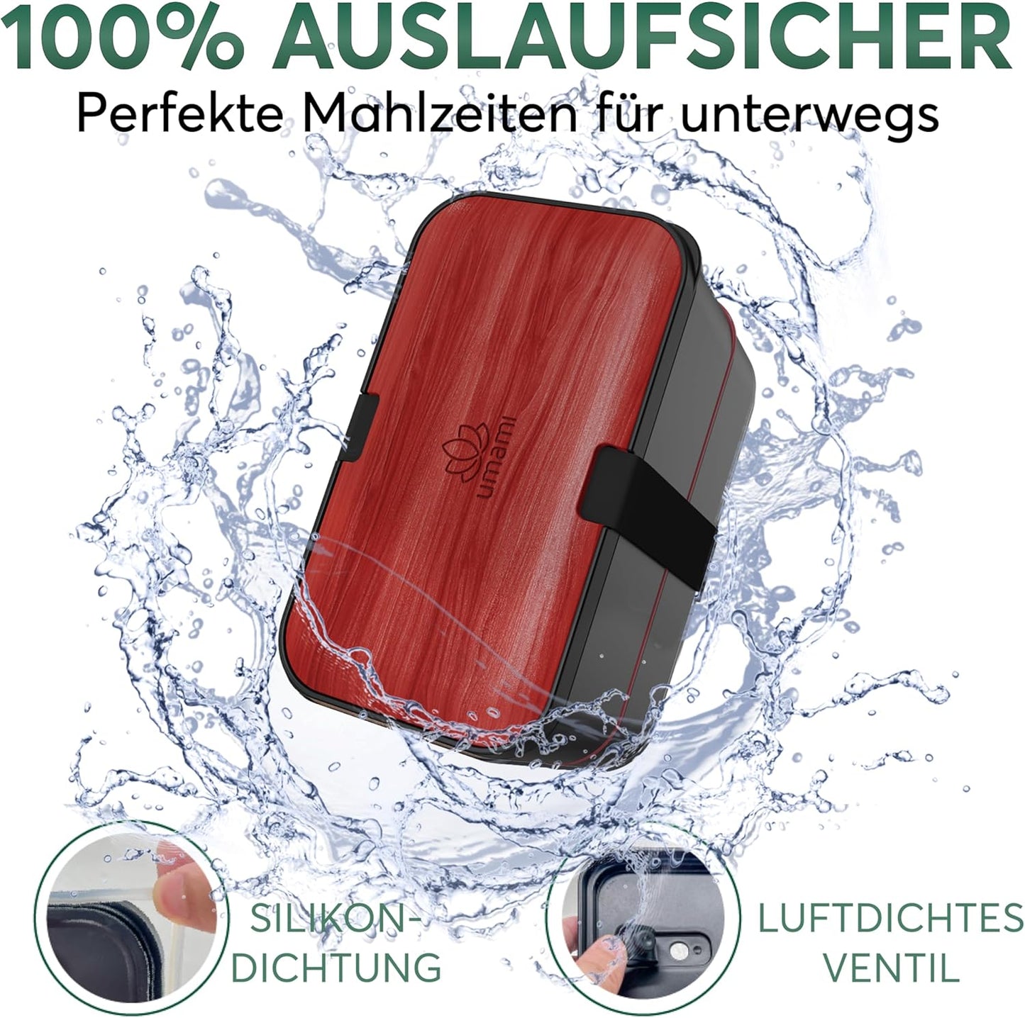 Auslaufsichere Bento Lunchbox mit Besteck & Fächern, Schwarzes Rosenholz L - 1500 ml