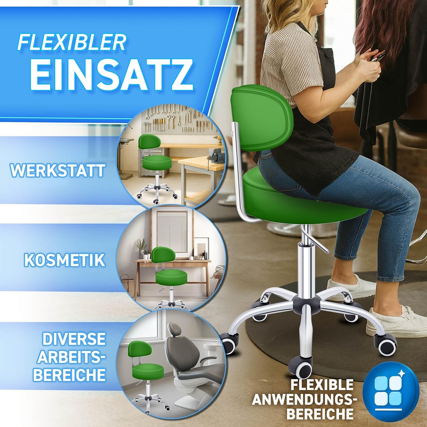 Höhenverstellbarer Rollhocker mit Lehne, Grün
