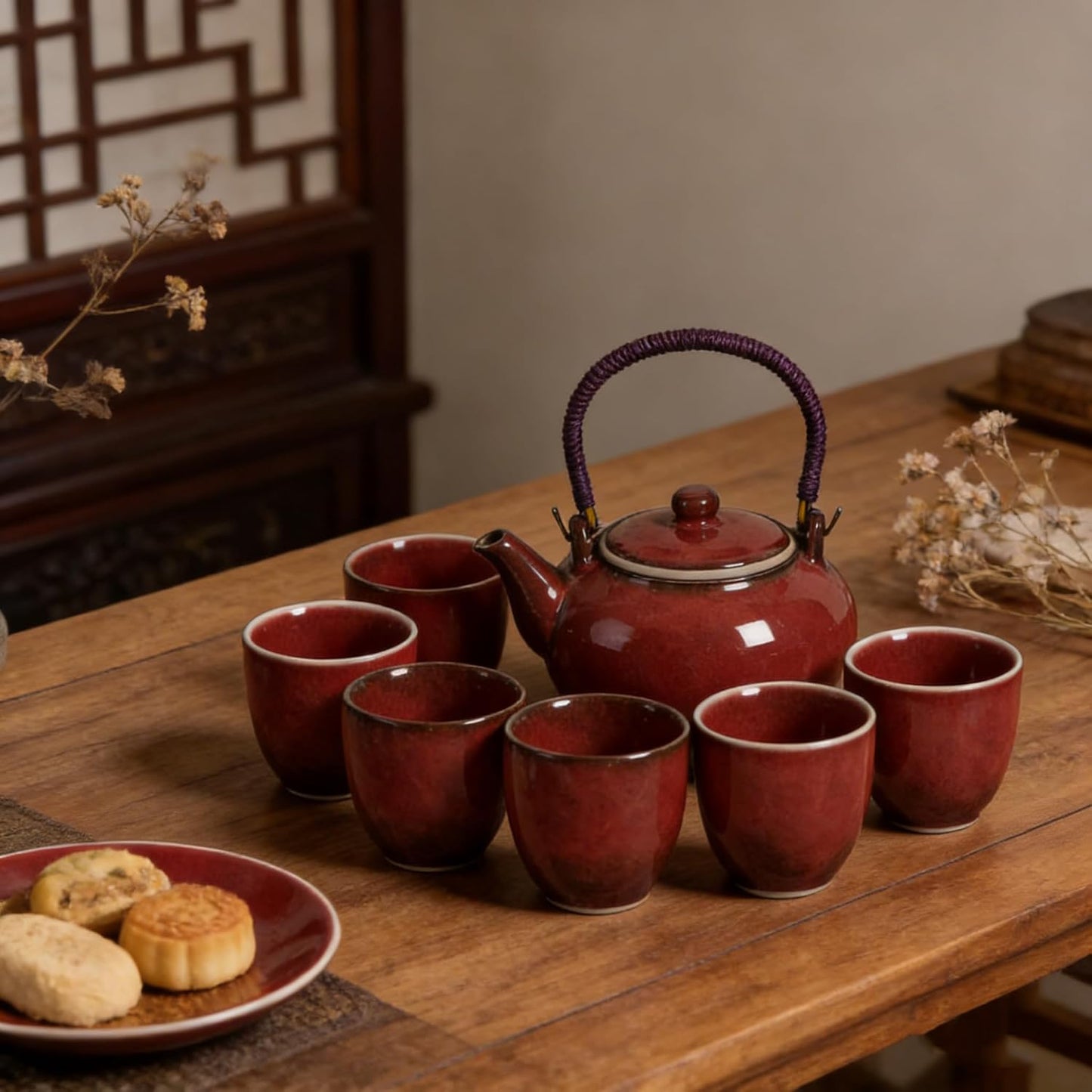 Chinesische Teeservice mit Teekanne und Tassen, Rot