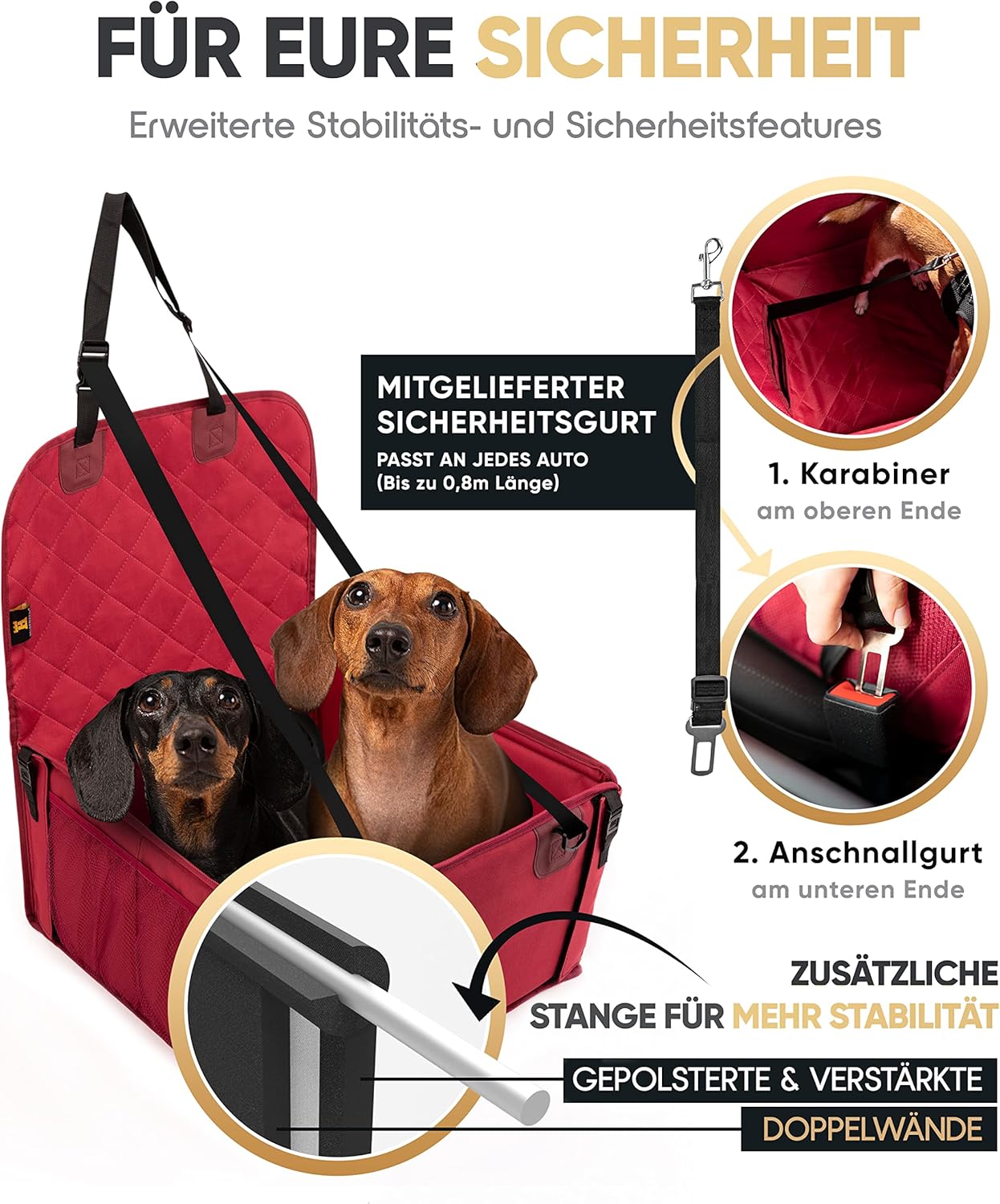 Hundeautositz mit verstärkten Wänden und Gurten, Standardgrösse Rot