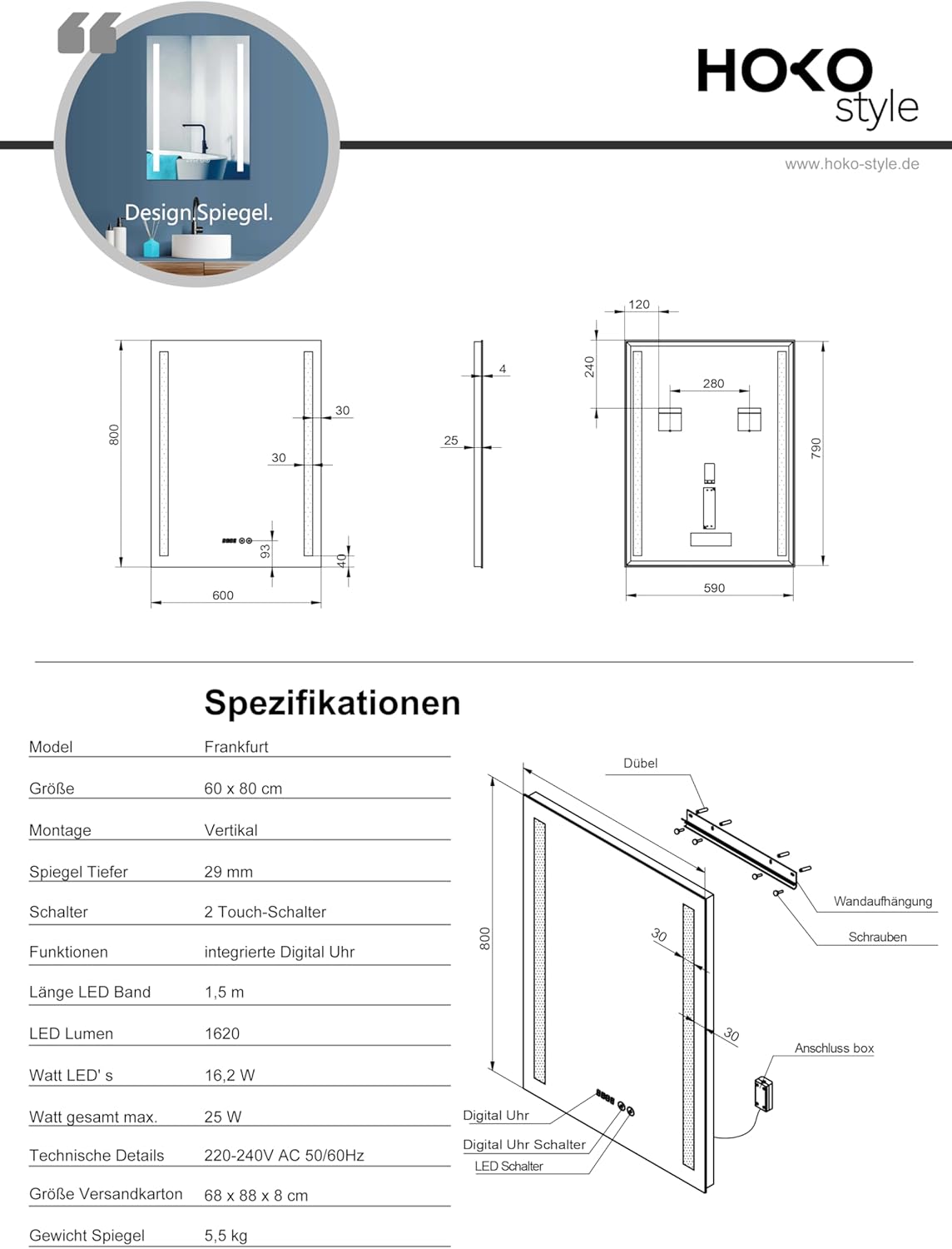 LED Badspiegel Frankfurtmit Beleuchtung und Uhr, 60x80 cm, 60L x 80B cm, Silber + Uhr