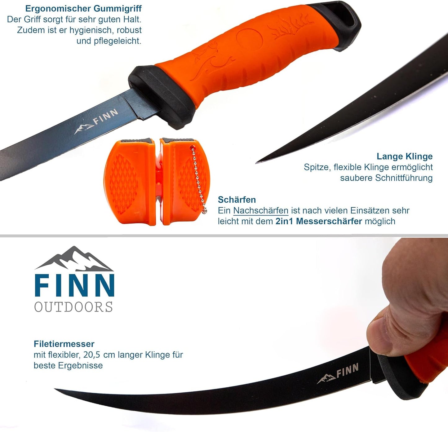 Filetiermesser-Set mit Messerschärfer & Handschuhen, Orange