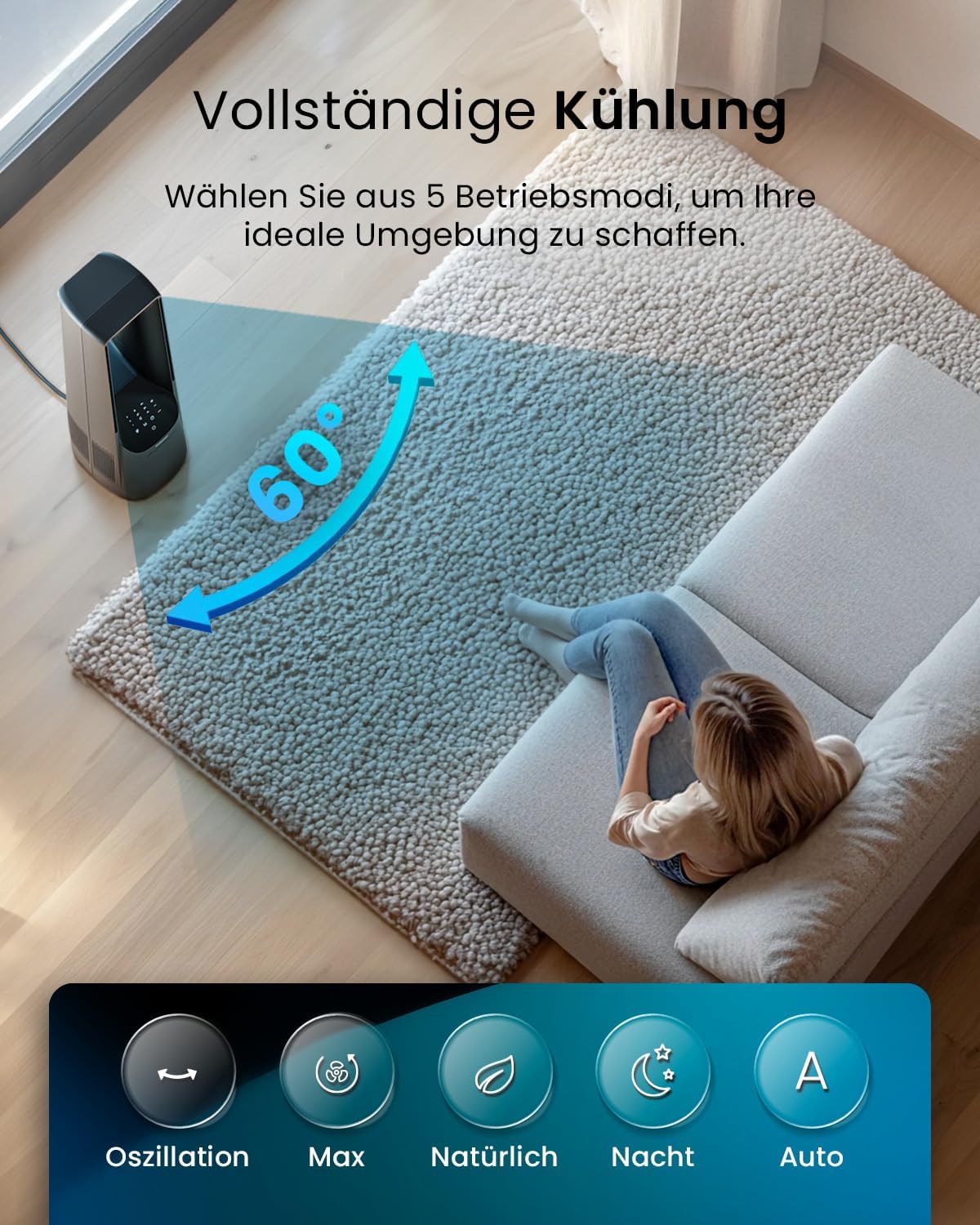 Rotorloser Turmventilator mit Fernbedienung und Timer, Ohne App Schwarz