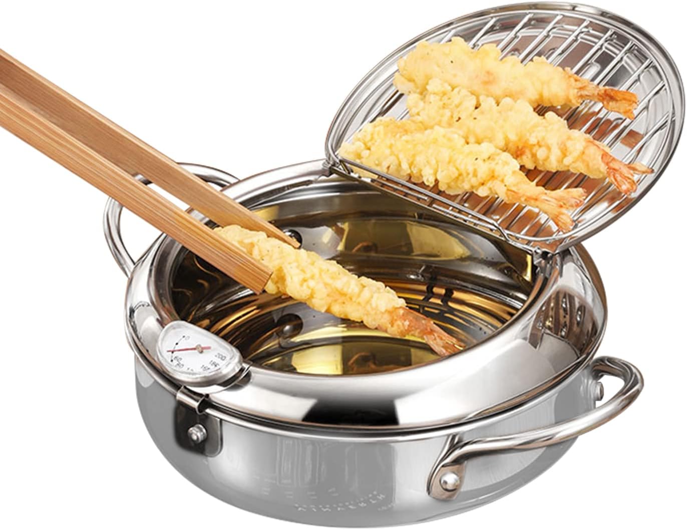 Japanische Tempura Frittiertopf mit Thermometer und Öl Abtropfgestell, S (20cm/7.9in) 2.2L