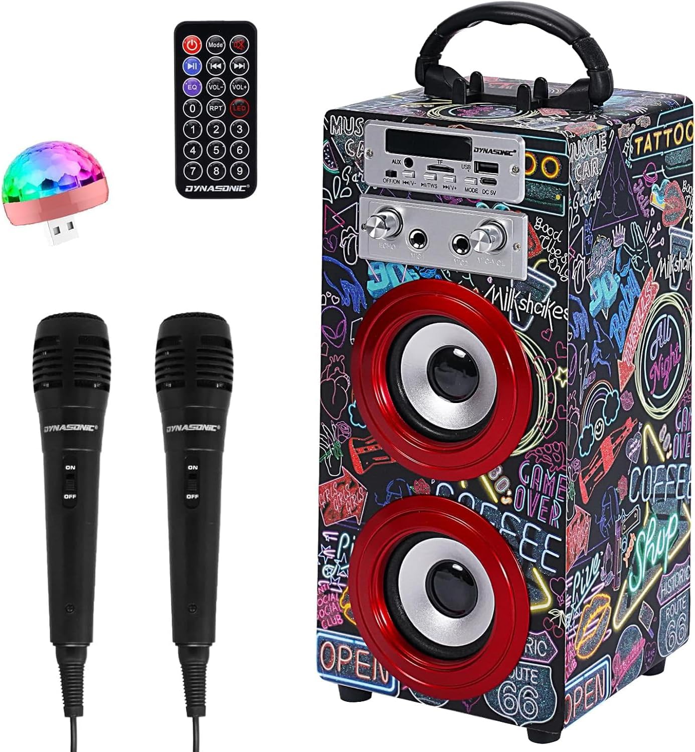 Karaoke-Maschine mit 2 Mikrofonen, Bluetooth & Lichtern, Model 21 lights