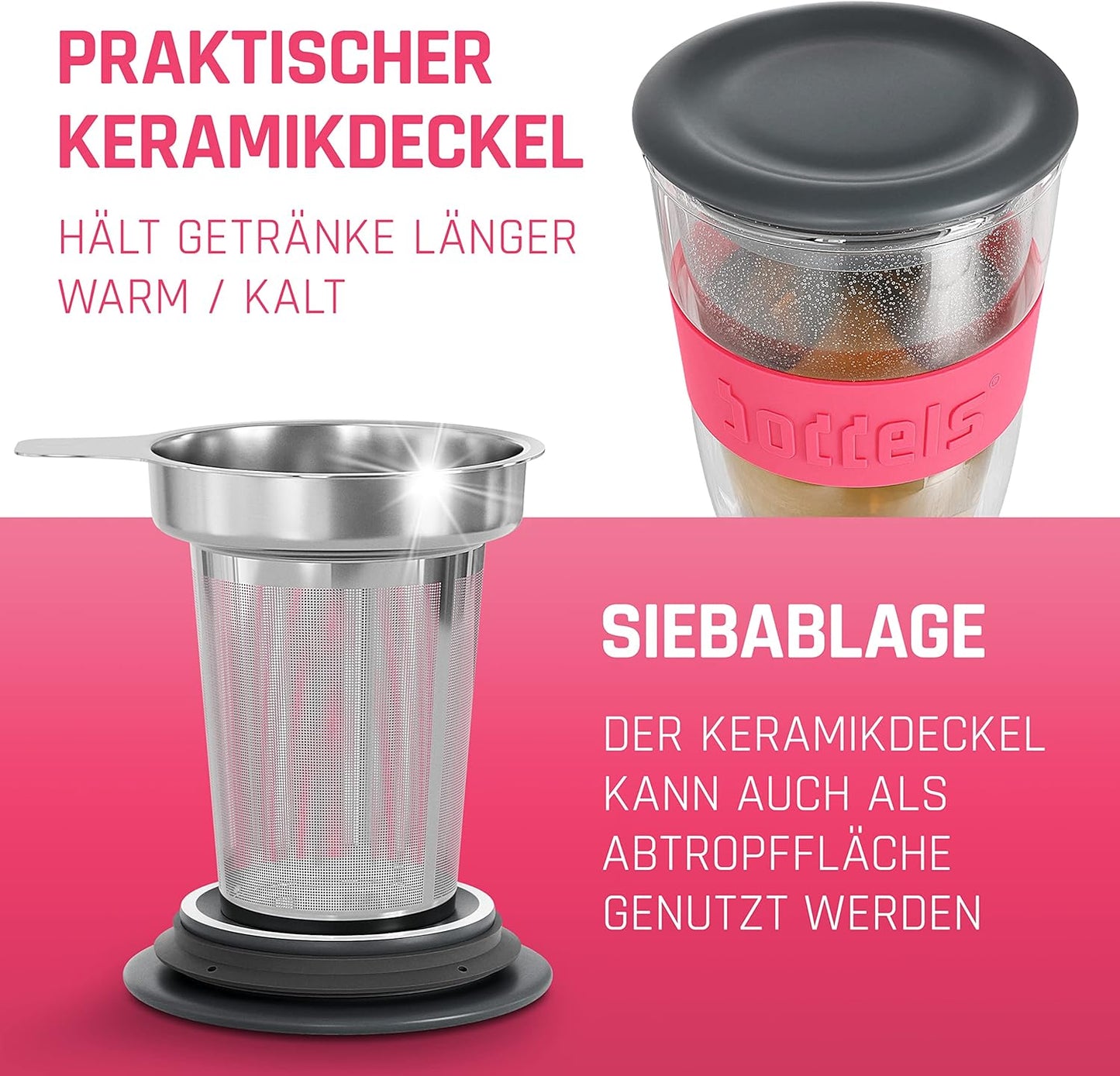 Teeglas mit Sieb und Deckel, Himbeerrot