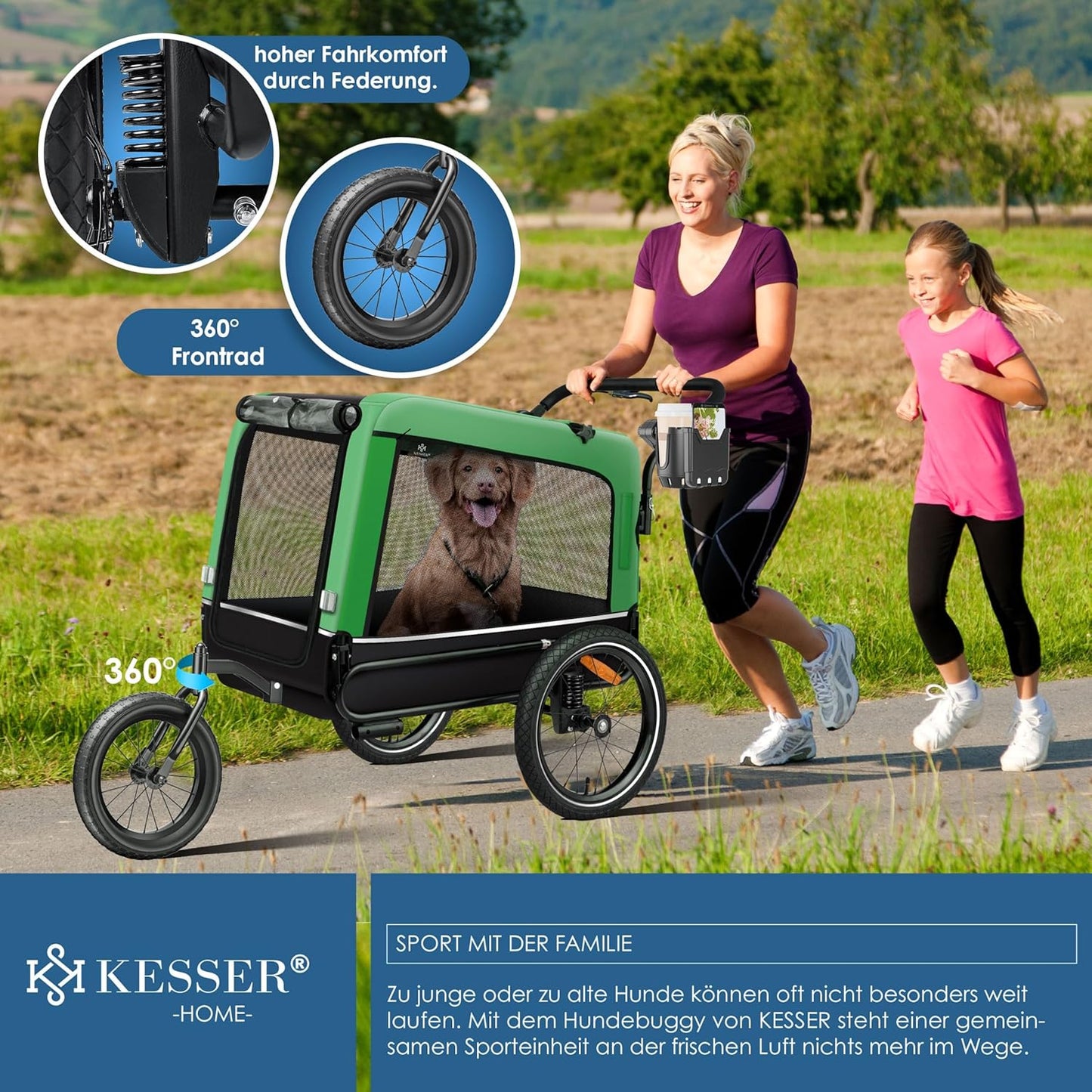 3-in-1 Hundeanhänger, Hundebuggy & Buggy, 40 kg belastbar, Grün