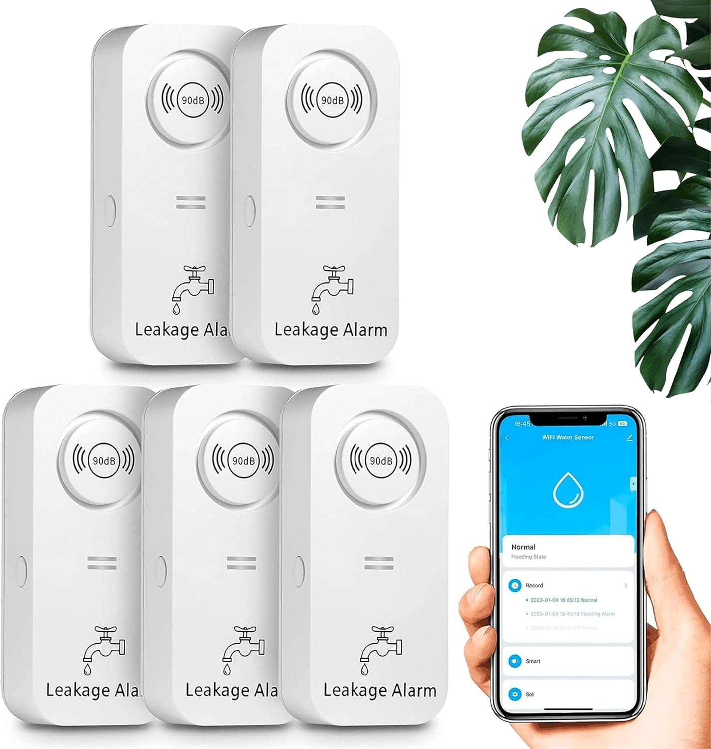 5er Set WLAN Wassermeldermit App Alarm, 5-teiliges Set