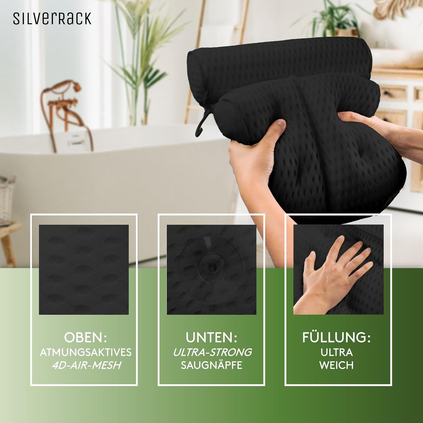 Badewannenkissen mit Saugnäpfen, ergonomisch, Schwarz 4d