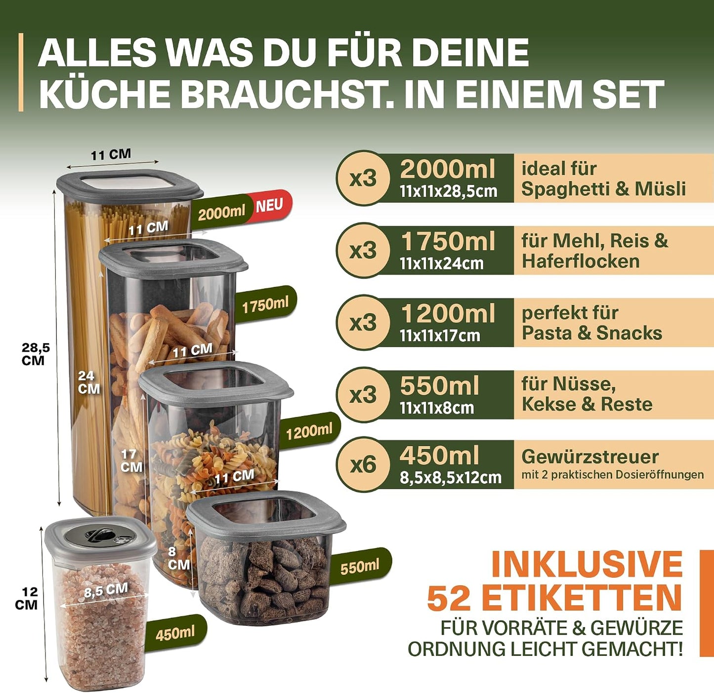 Vorratsdosen-Set (18-teilig, luftdicht, stapelbar), 12er Set + 6 Gewürzstreuer