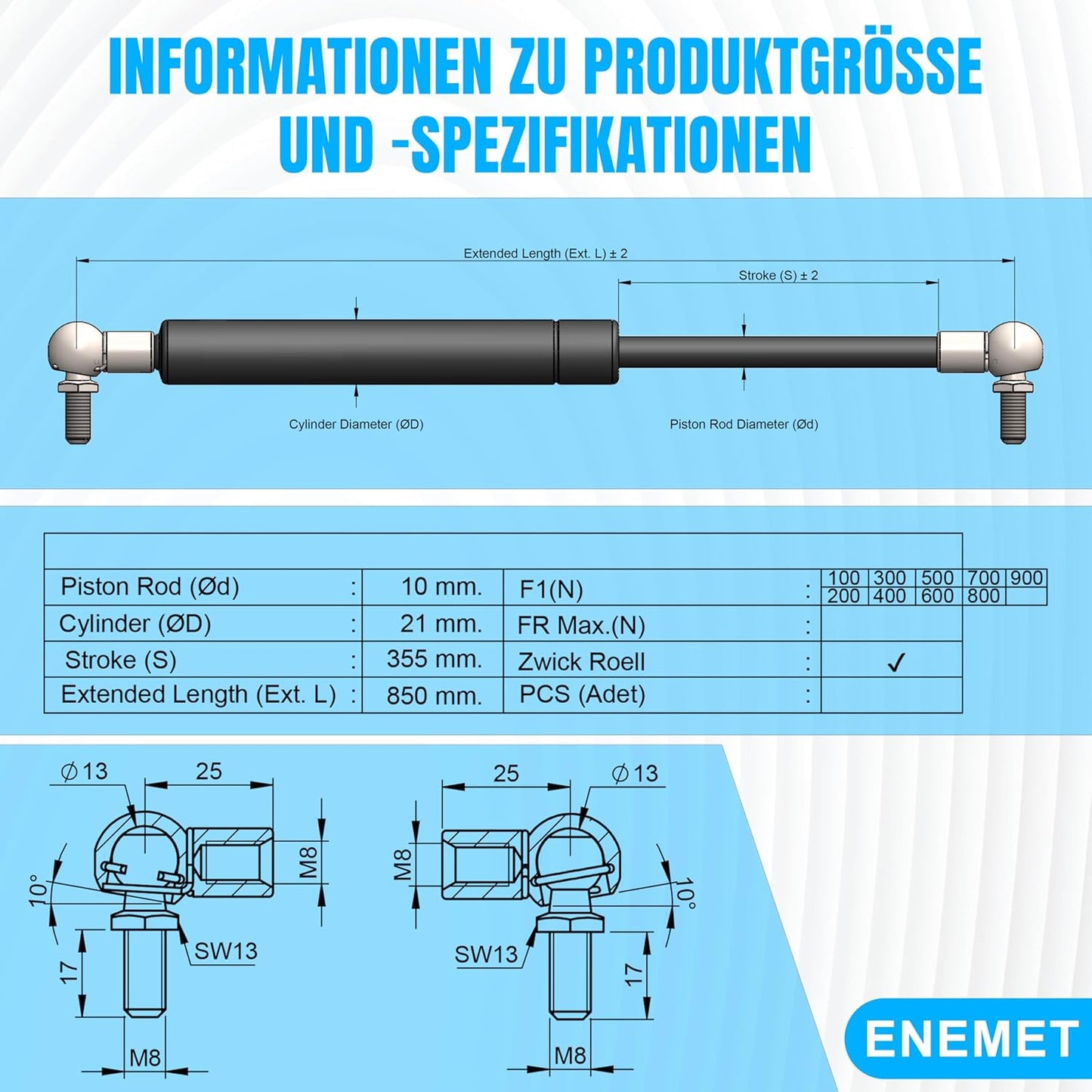 Gasdruckfeder für Türen & Autos (850mm, 500N), 850 MM 500N