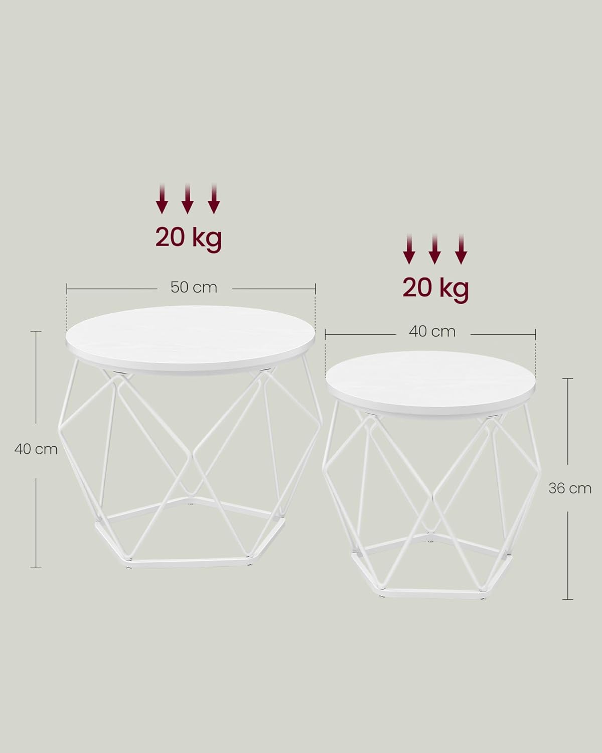 Runder Couchtisch im 2er-Set mit abnehmbarer Platte, (50 Dia. x 40H) cm + (40 Dia. x 36H) cm Schneeweiss + Wolkenweiss