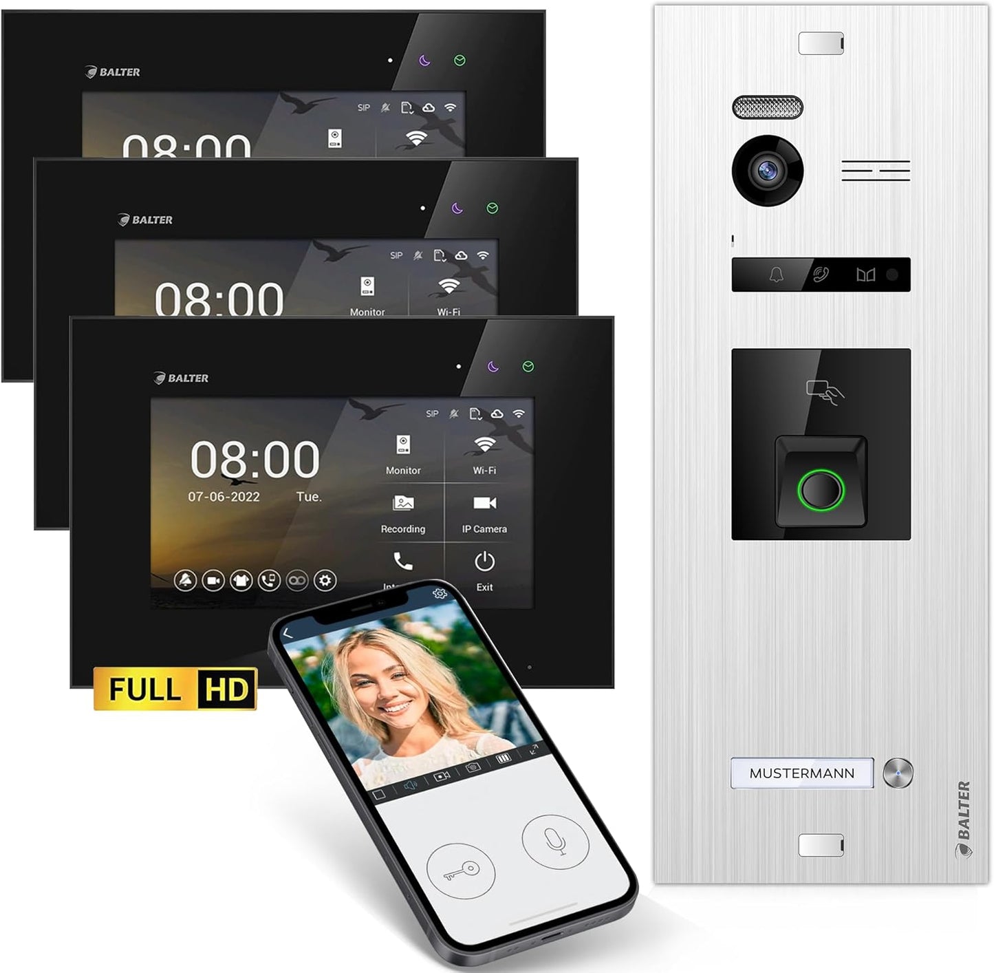 EVO-HD Video Türsprechanlage mit App und Fingerprint, 3 Monitore, Mit App D.silber/Schwarz