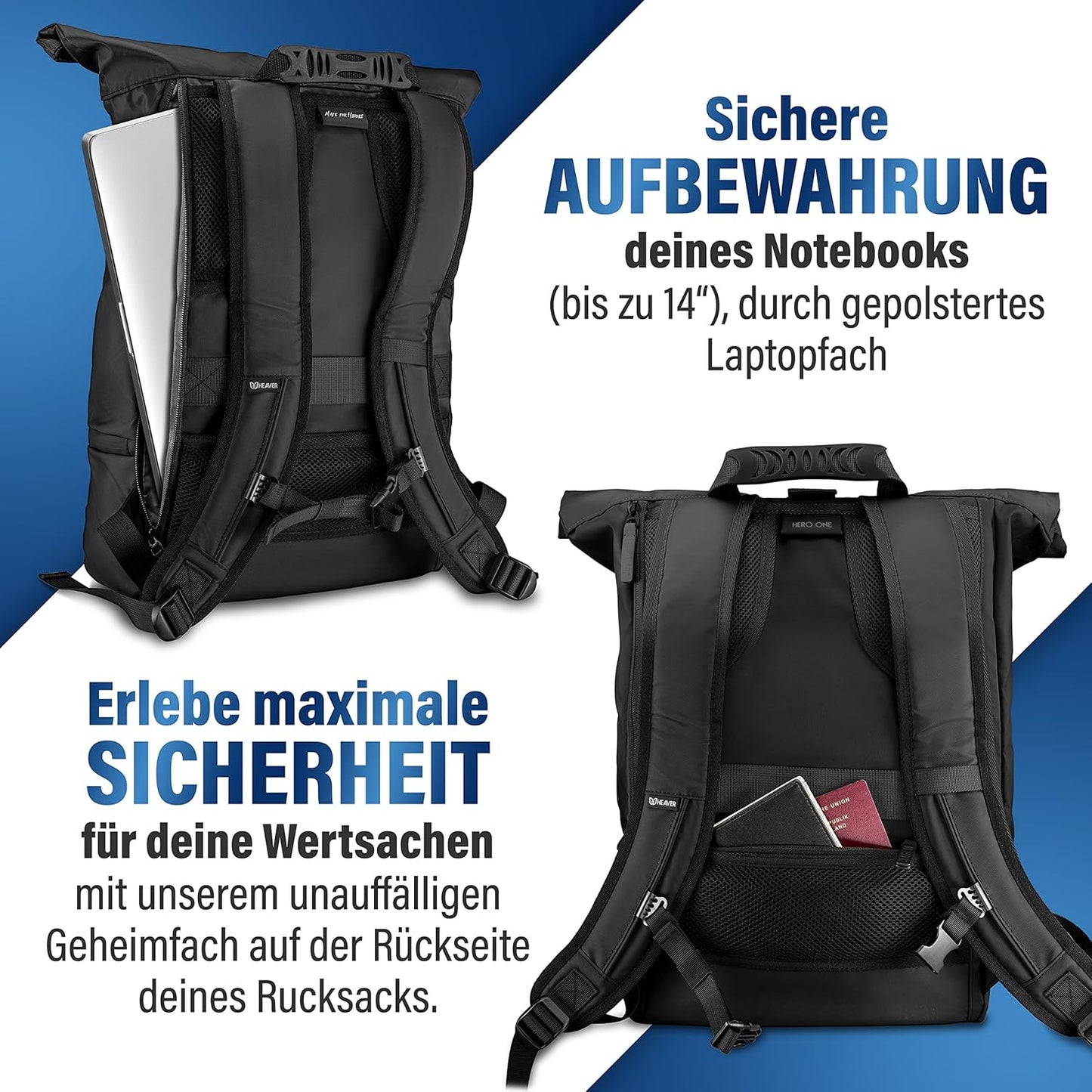 Rolltop Rucksack mit Laptopfach, Schwarz