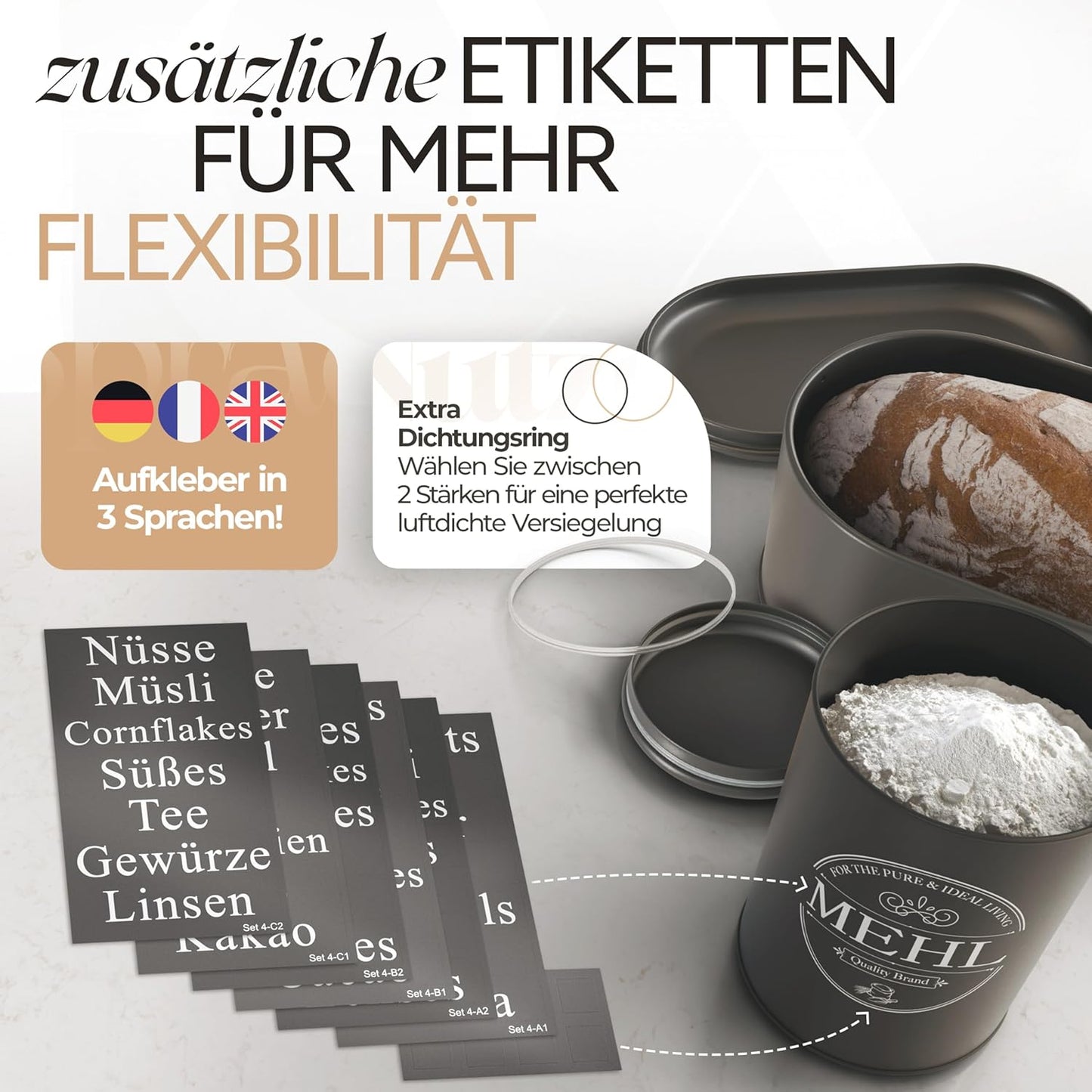 Brotkasten und Vorratsdosen-Set für Kaffee, Mehl und Zucker, Brot, Kaffee, Zucker, Mehl Set