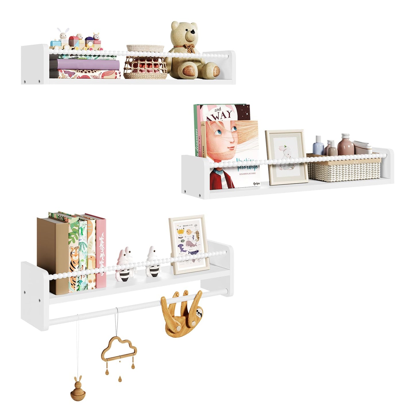 3er-Set Kinder-Bücherregal für die Wand, 60 x 15 x 14 cm Weiss