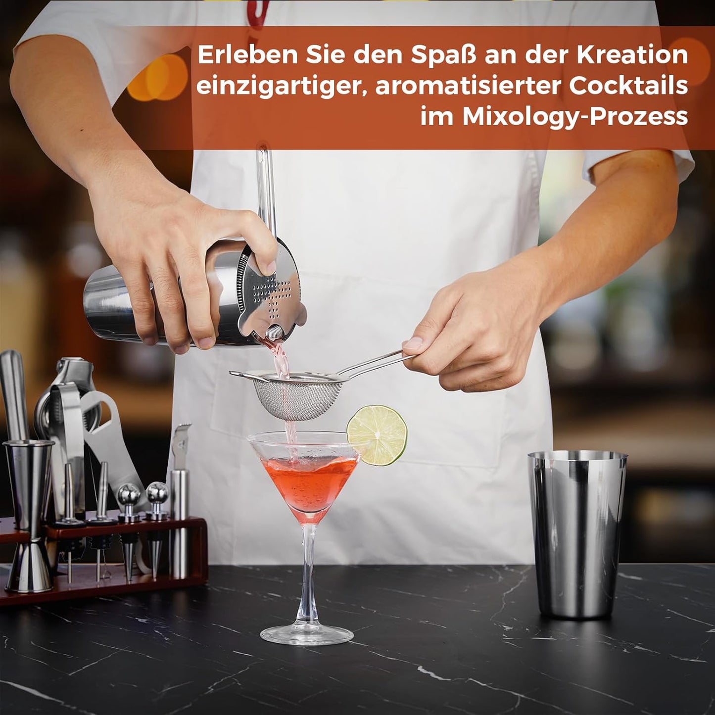 Cocktail Shaker Set mit Rezeptbuch und Ständer, Mit Gestell