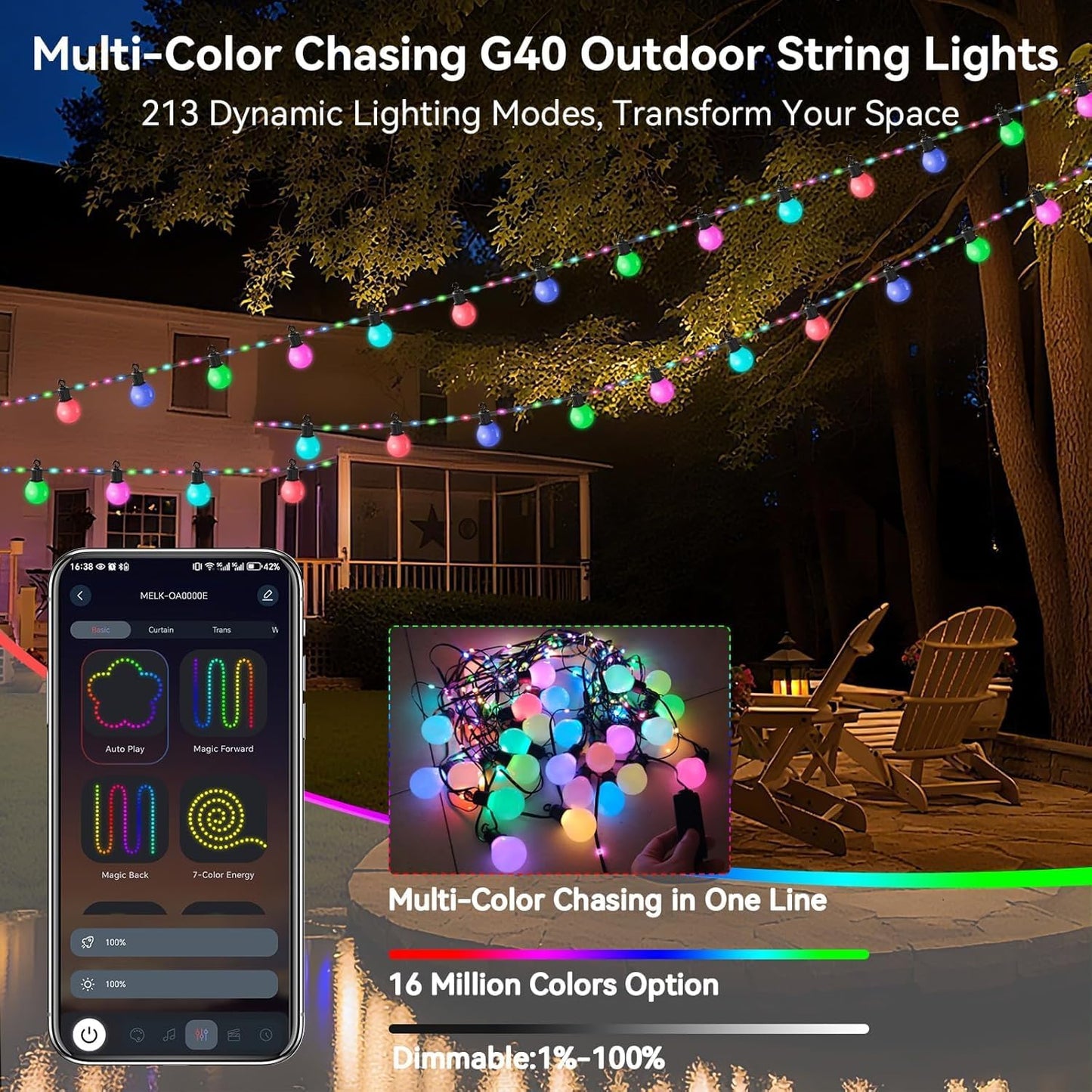 LED Lichterkette mit 26x G40 Glühbirnen, 132 LEDs und Timer, 20 M RGB Lichterkette Aussen USB
