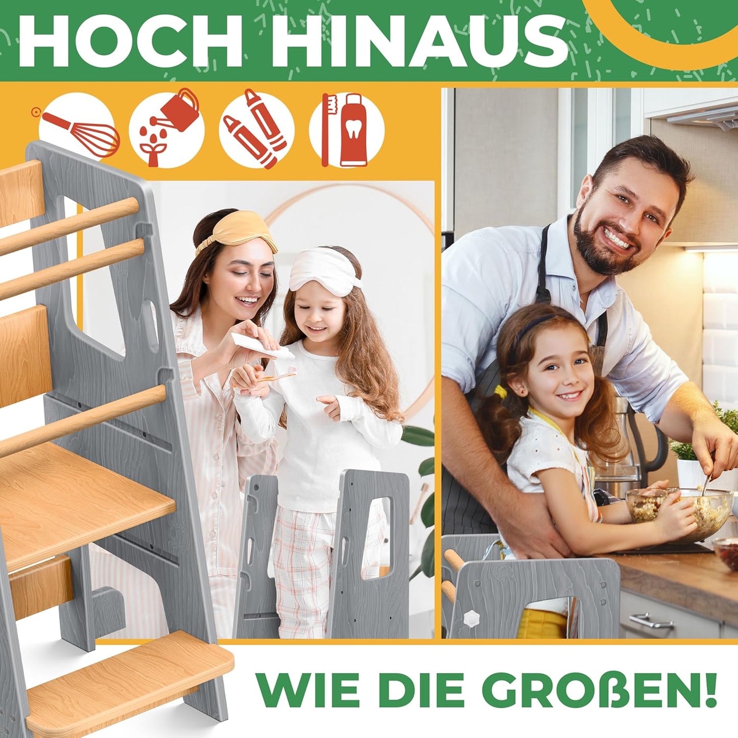 Lernturm für Kinder ab 1 Jahr, höhenverstellbar, Grau & Kiefer