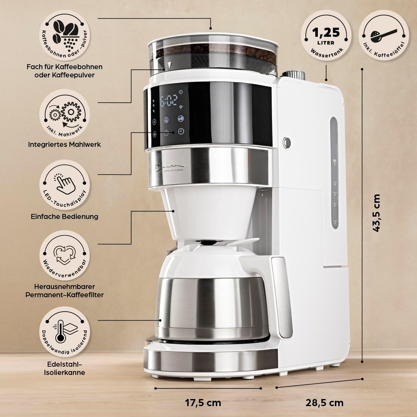 Kaffeemaschine mit Touch-Display, 9) Weiss (Pro Design) - Thermokanne - mit Mahlwerk