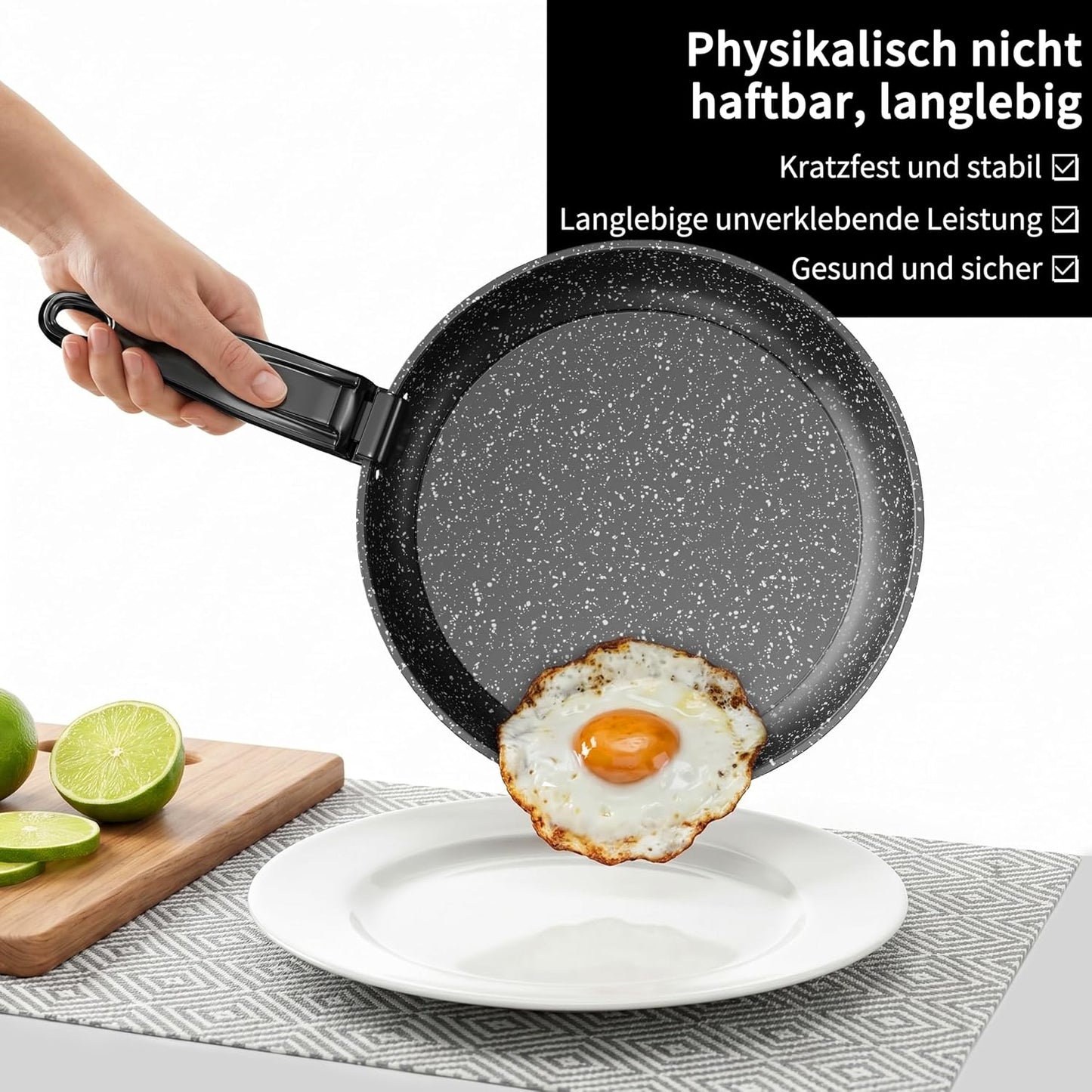 4-teiliges Pfannenset mit abnehmbaren Griffen, Tiefschwarz