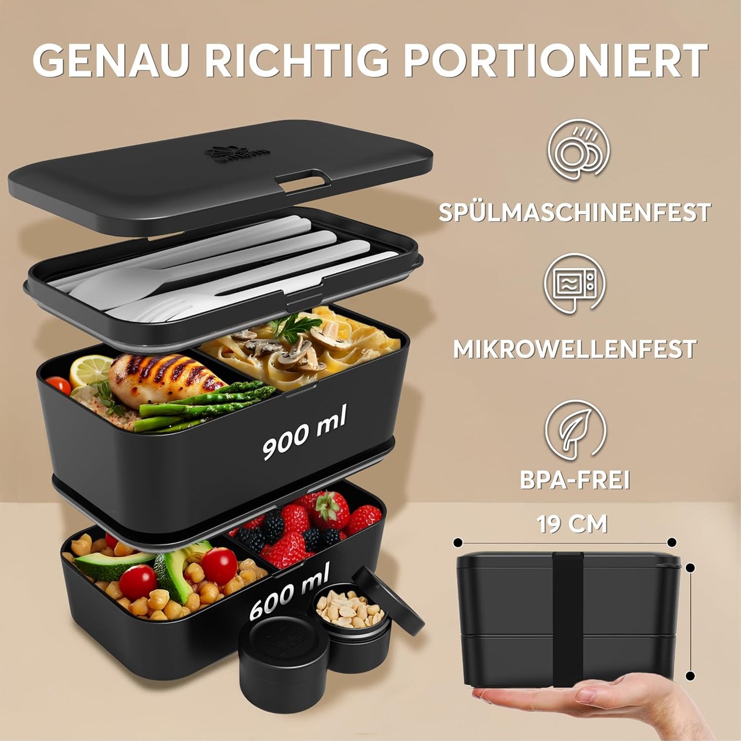 Bento Lunchbox mit Besteck & Fächern, Schwarzer Onyx L - 1500 ml