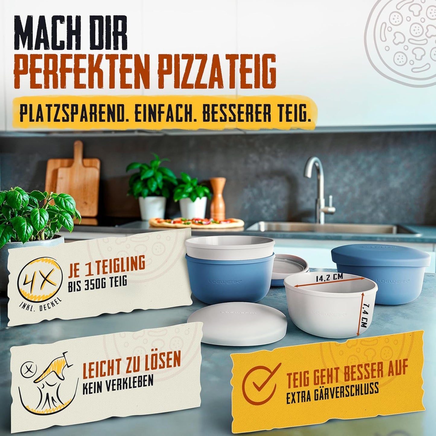 4er-Set Pizzaballenbox mit Deckel, 4 Stück blau+grau