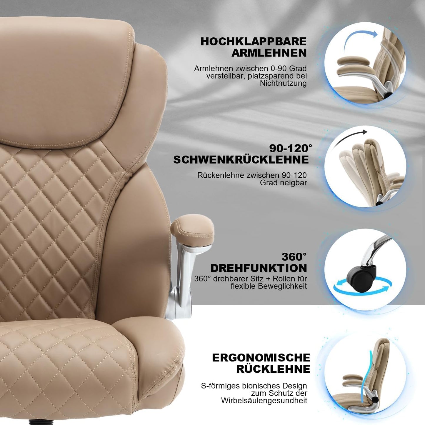 Ergonomischer Bürostuhl mit hoher Rückenlehne, Braun Klassisch