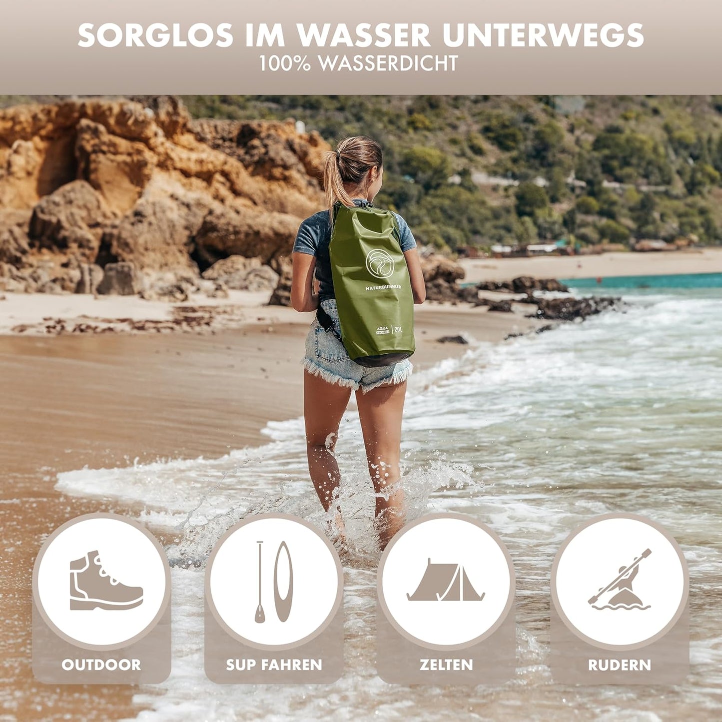 Wasserdichte Dry Bag mit Rucksackfunktion, 20 Liter Naturgrün