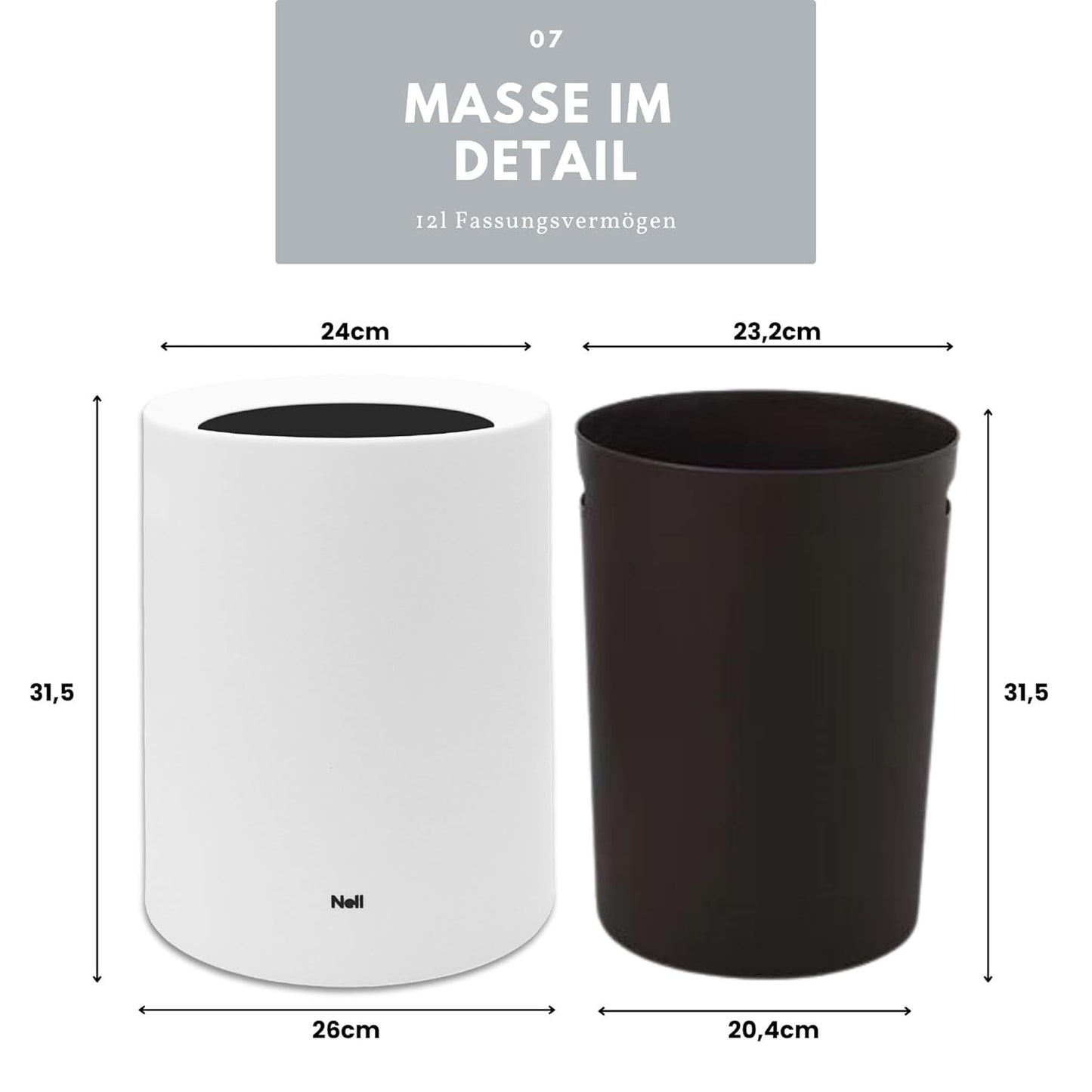Eleganter Mülleimer, Weiss 12l ohne Deckel