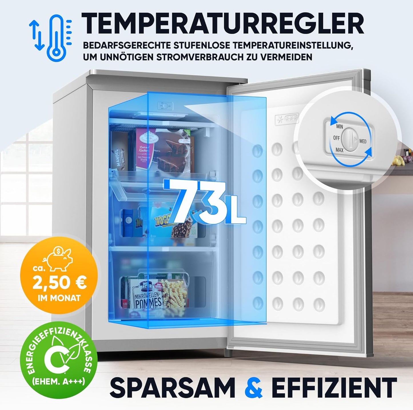 Mini Gefrierschrank mit 3 Fächern (73L), Silber