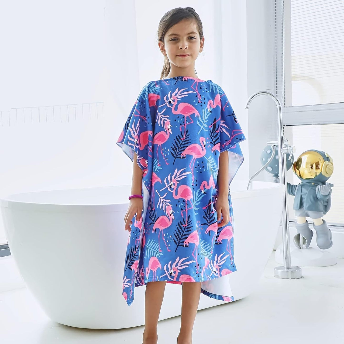 Badetuch-Poncho für Kinder mit Flamingo-Motiv, Blau Einheitsgröße