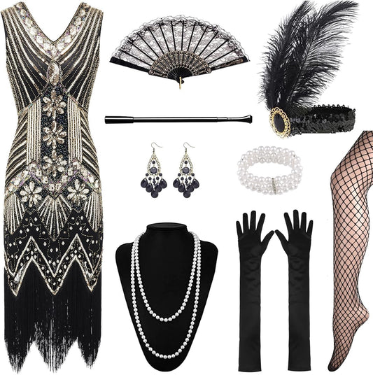 12-teiliges Charleston Kleid mit Accessoires, M