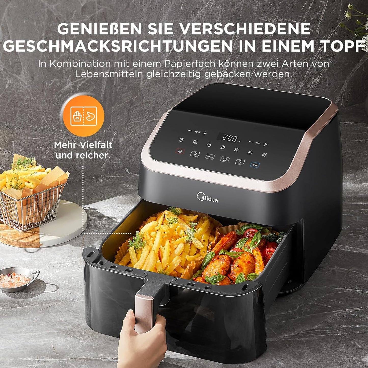 Heissluftfritteuse mit Sichtfenster, Schwarz/Roségold 8.5 L