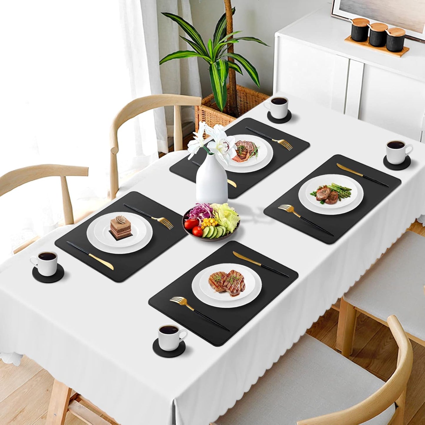 Tischset Lederoptik 6er-Set (Abwaschbar, Hitzebeständig), Schwarz