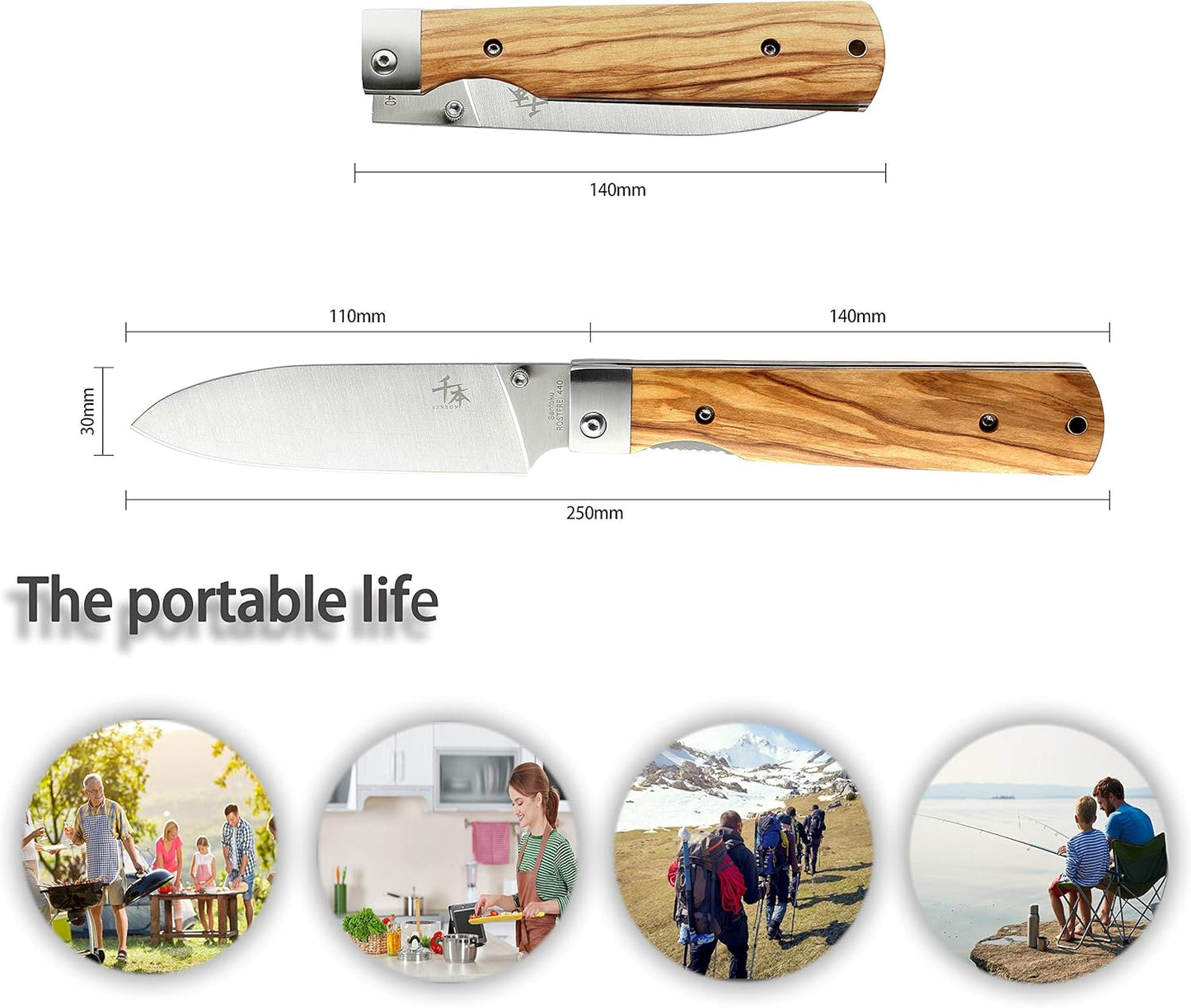 Klappbares Santokuküchenmesser, Olivenholz Santoku