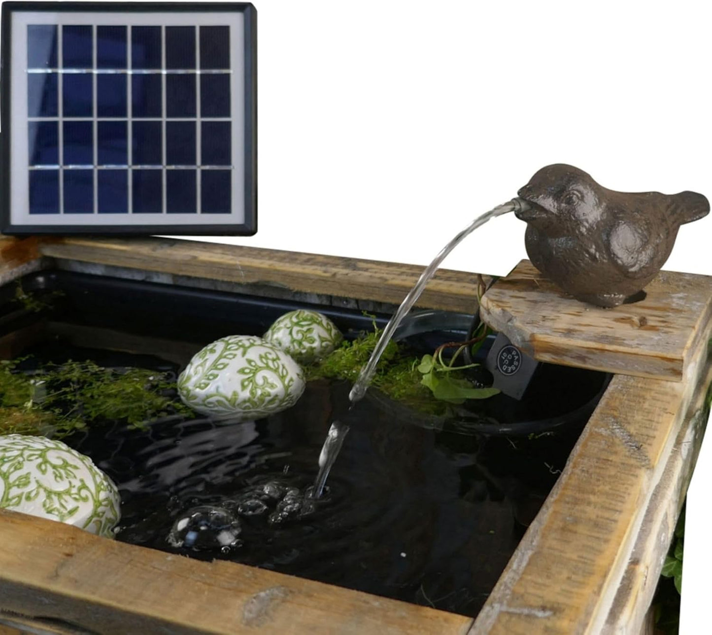 Wasserspeier Spatz mit Solar-Pumpe Teichdeko