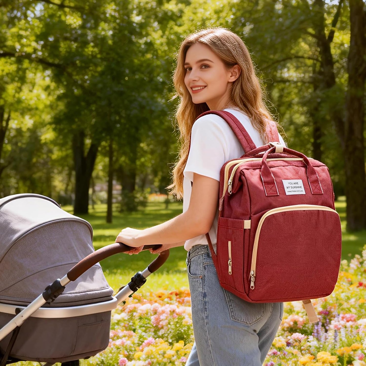 Multifunktionaler Wickelrucksack mit Wickelunterlage, Rot