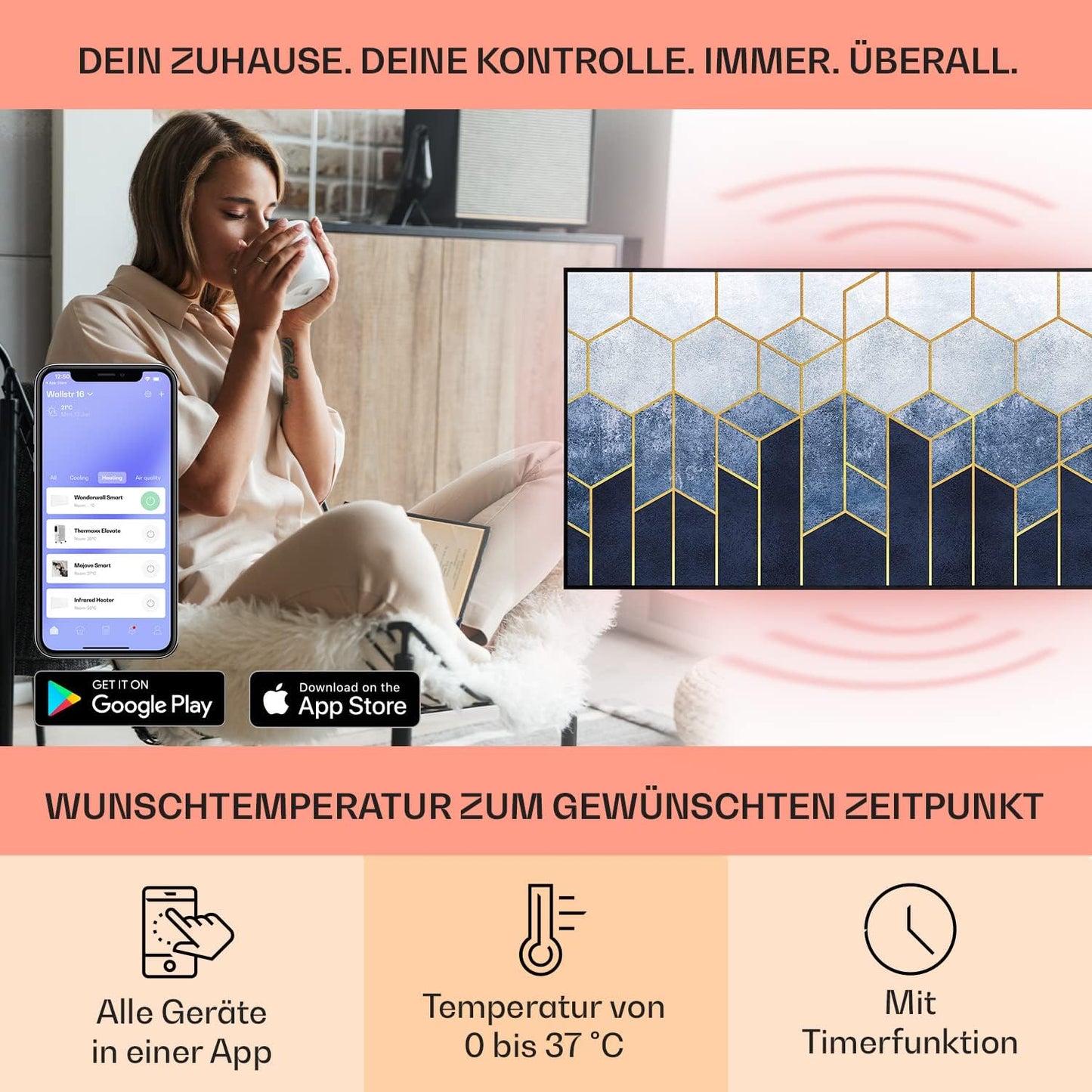 Infrarotheizung, 120 x 60 cm/ 700 W Blaue Linie - Schwarz