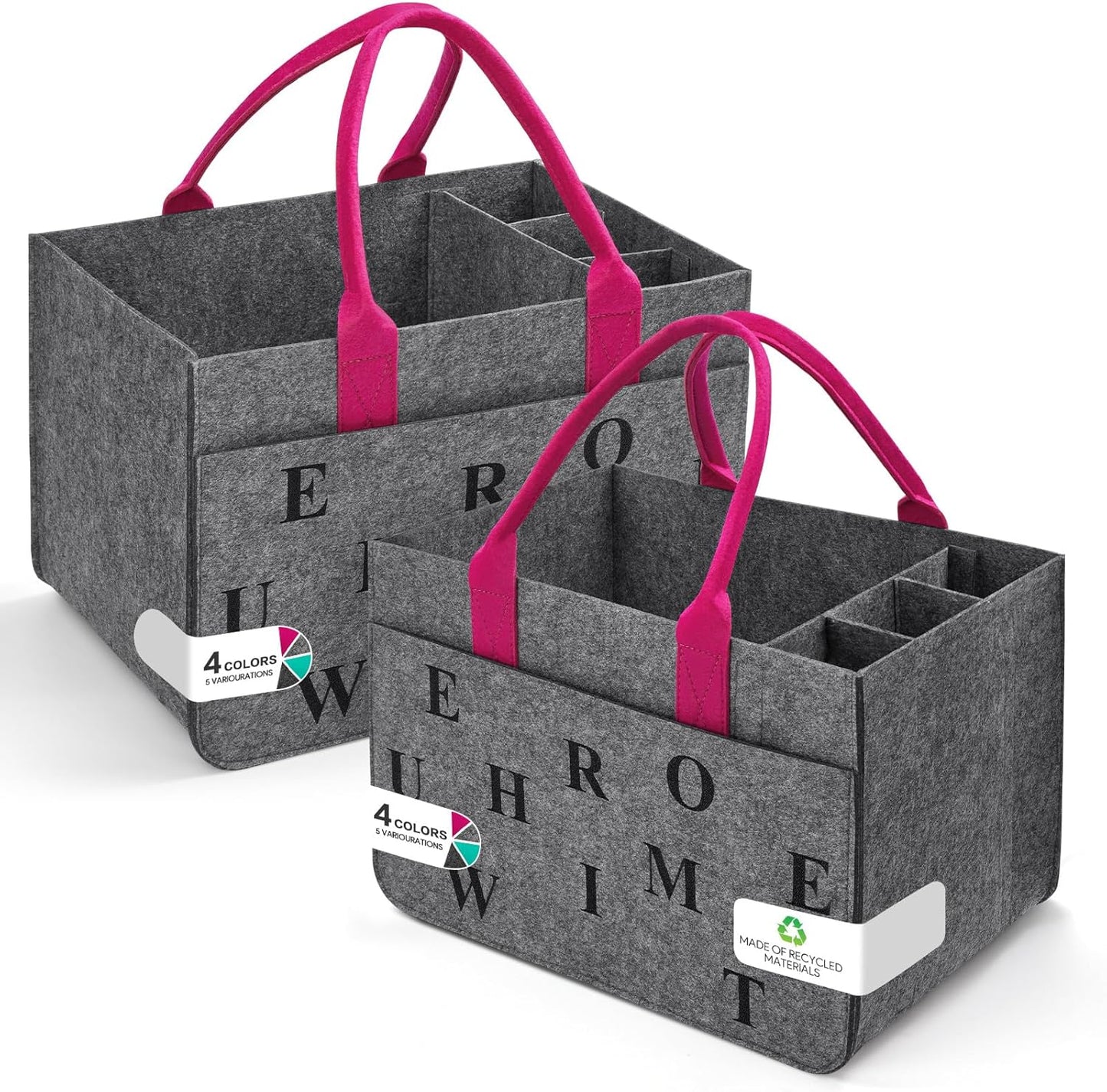 2er-Set Faltbare Einkaufstaschen mit Fächern, Doppelpack Mittelgrau/ Magenta