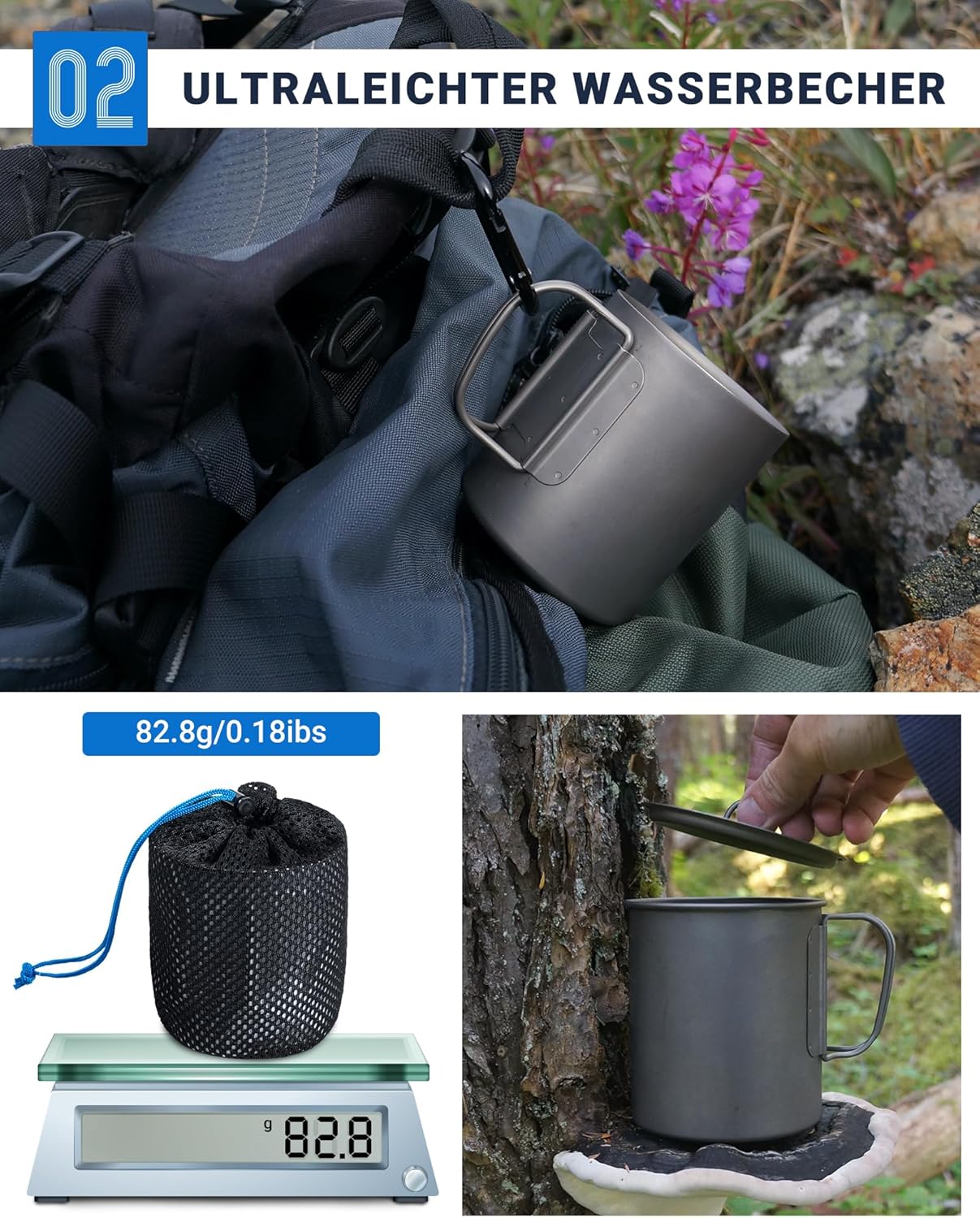 Camping Tasse mit Deckel und faltbarem Griff, 450ml Becher