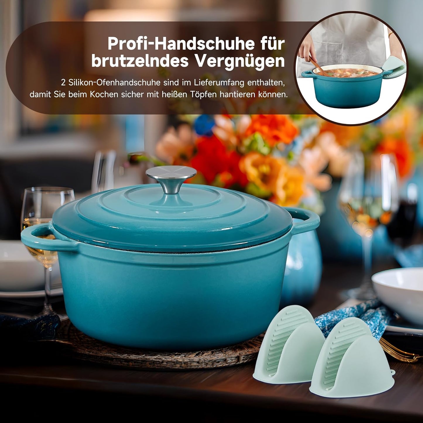 Schmortopf mit Deckel & Topflappen, 26cm/5L Blaugrün