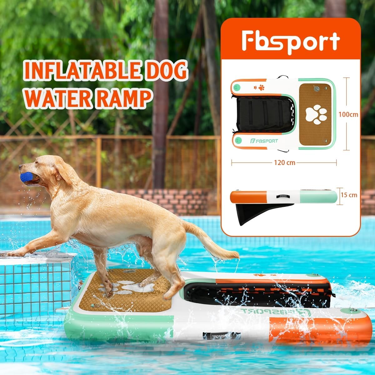 Aufblasbare Hunderampe für Boote und Pool (bis 100 kg), 120x100x15cm Orange