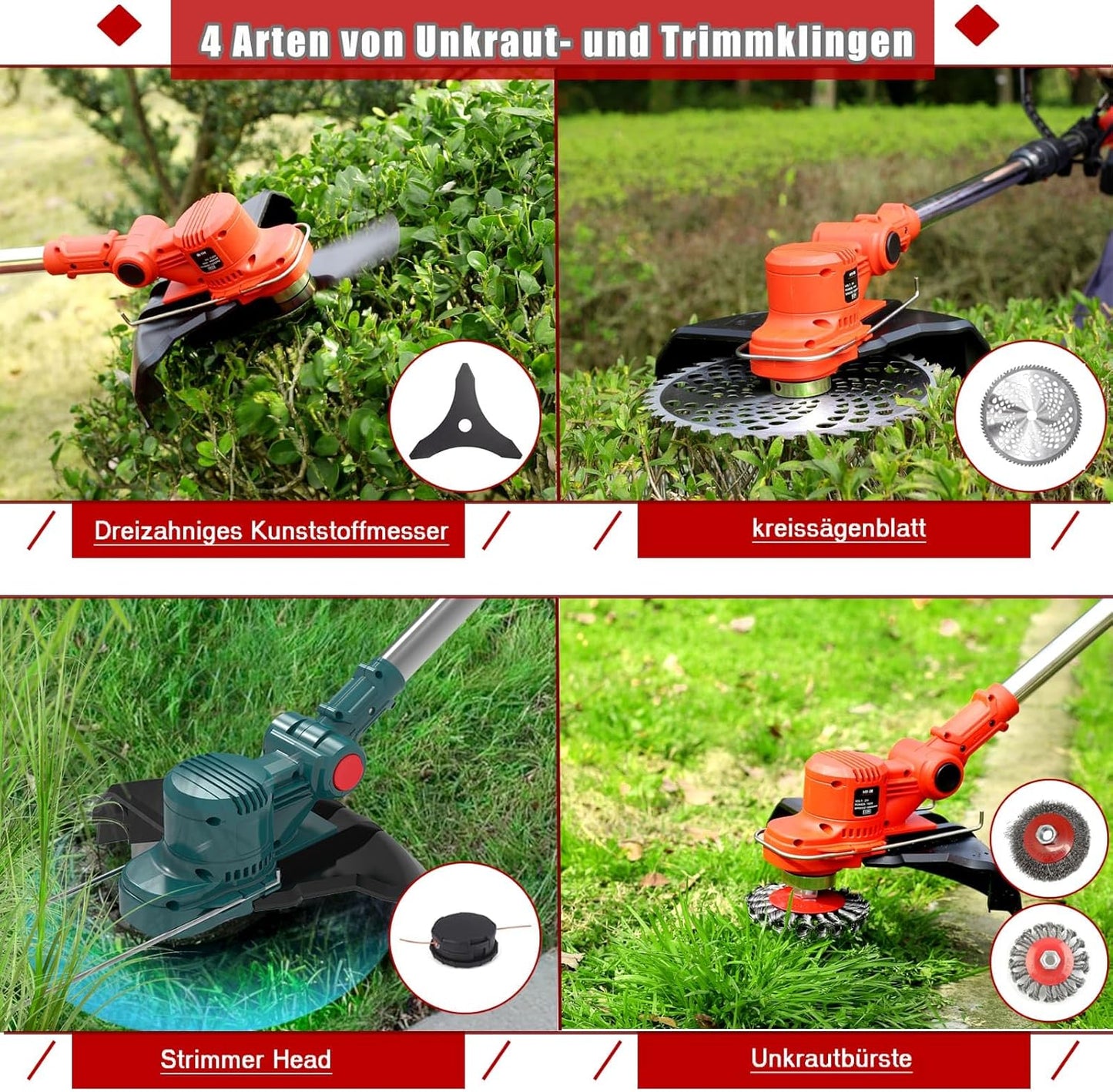 3-in-1 Rasentrimmer für Makita-Akkus 18V mit 5 Klingentypen, Unkrautbürste, Blau