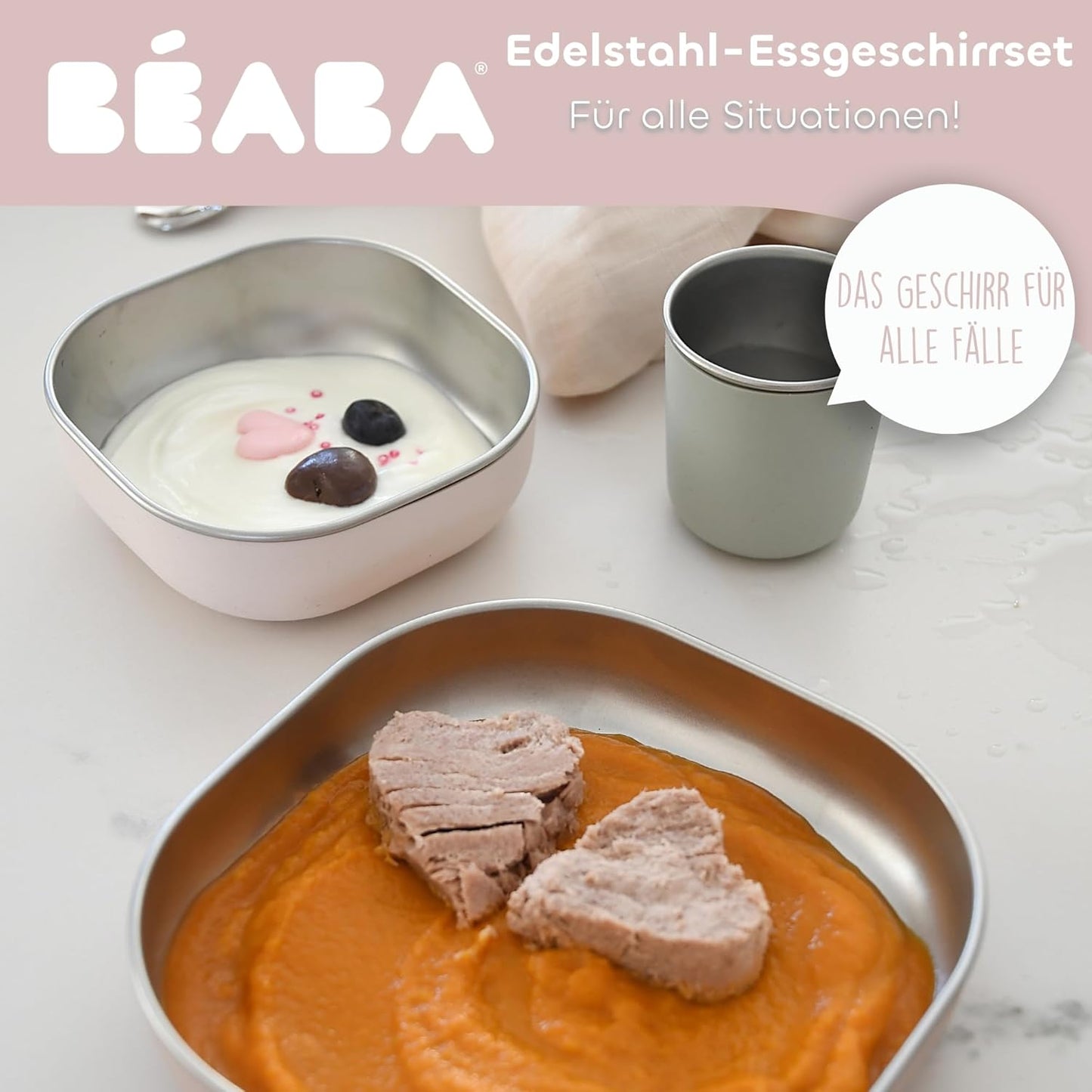 Baby-Essensset Edelstahl, 3-teilig, Glas + Teller-Set, Barbapapa