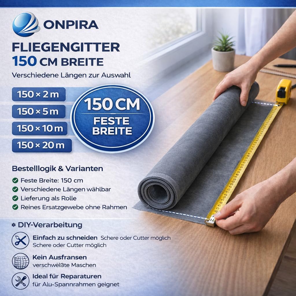 Fliegennetz Meterware für Fenster & Türen, Weiss 150cm x 10m