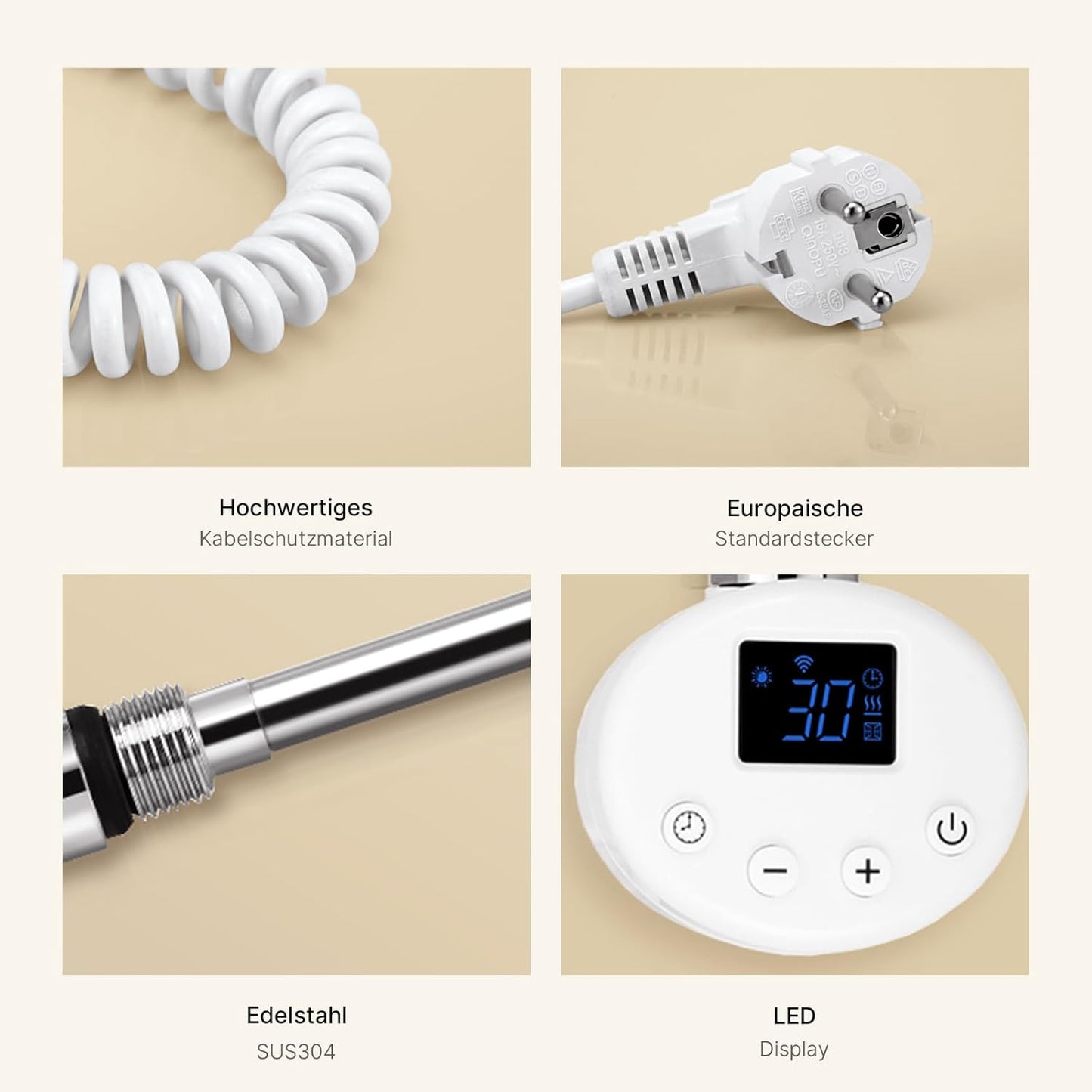 Heizstab mit Thermostat für Badheizkörper, 1200 W Weiss - Wifi Model