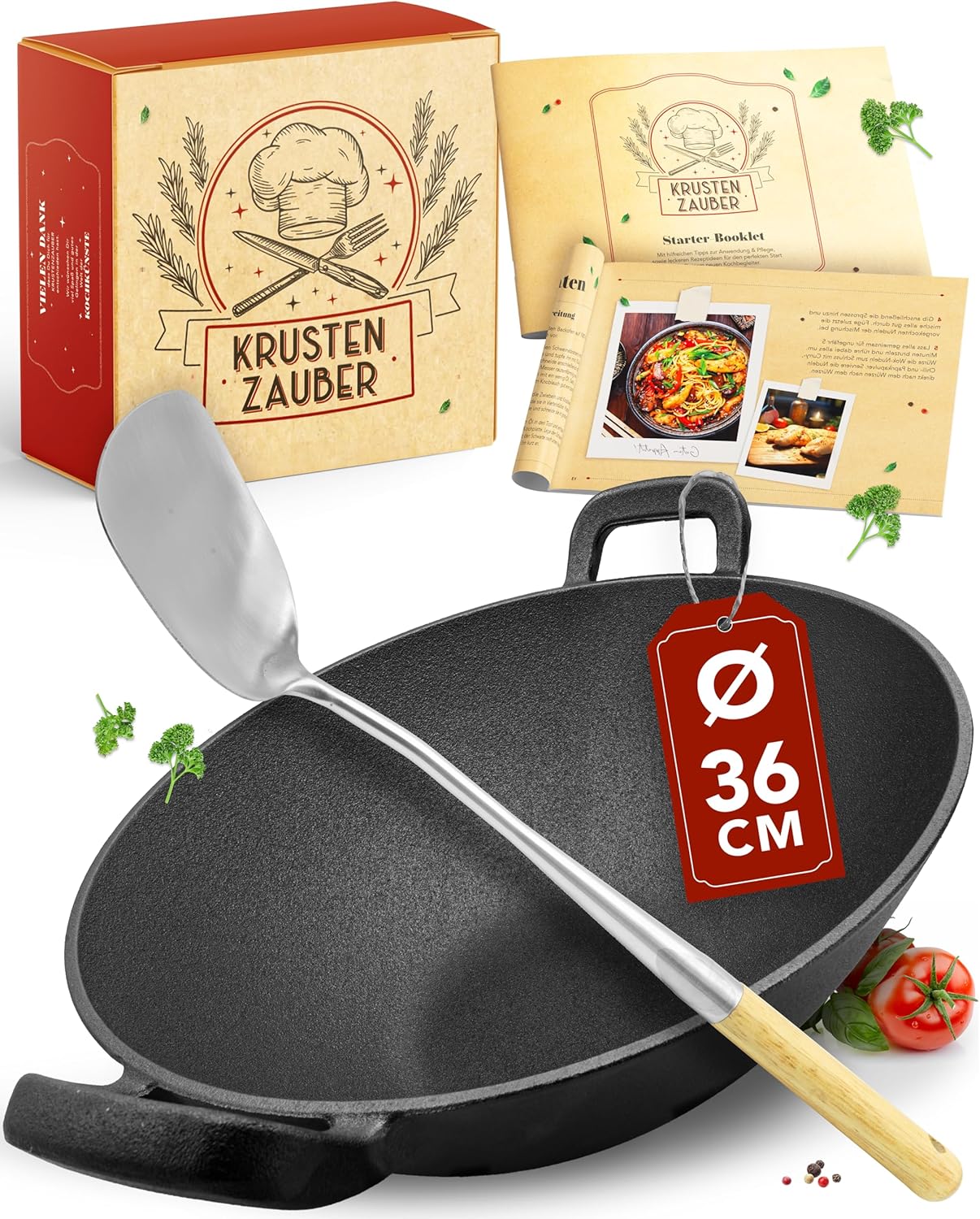 Wokpfanne mit Wokkelle, Induktionsgeeignet, 36cm Gusseisen
